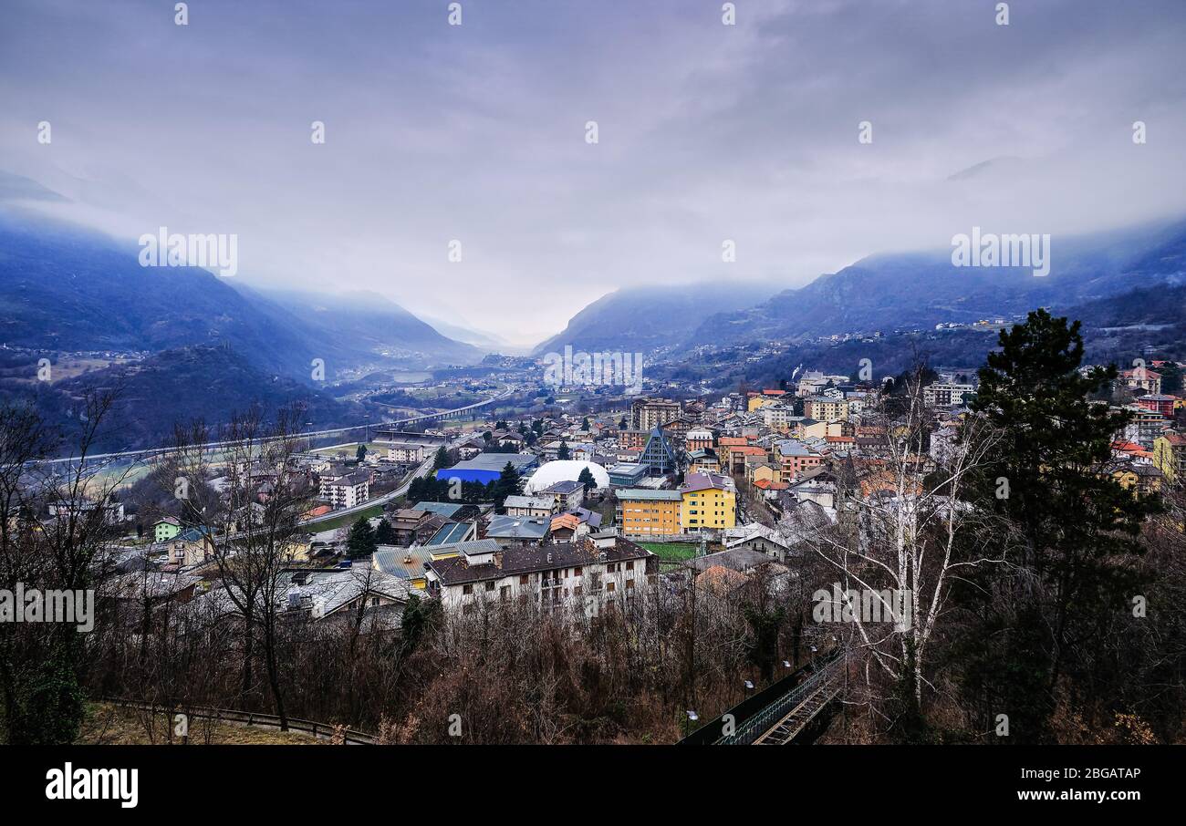 View of Saint Vincent, Aosta Valley, mountain italian city on alps Stock Photo