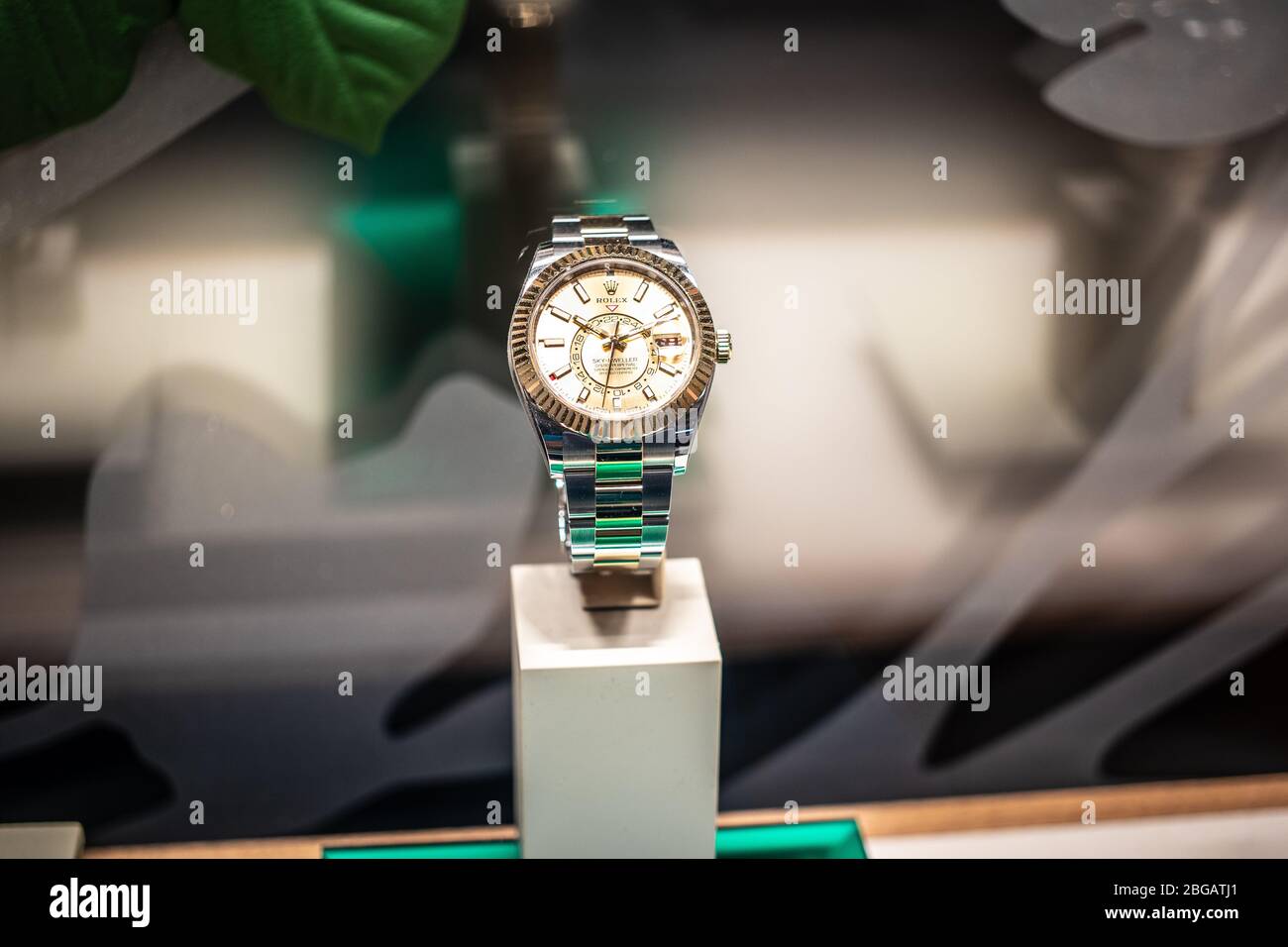 Geneva, Switzerland, March 2020: Rolex window store with fashionable mechanical watches for sale, Rolex is a luxury Swiss watch manufacturer Stock Photo