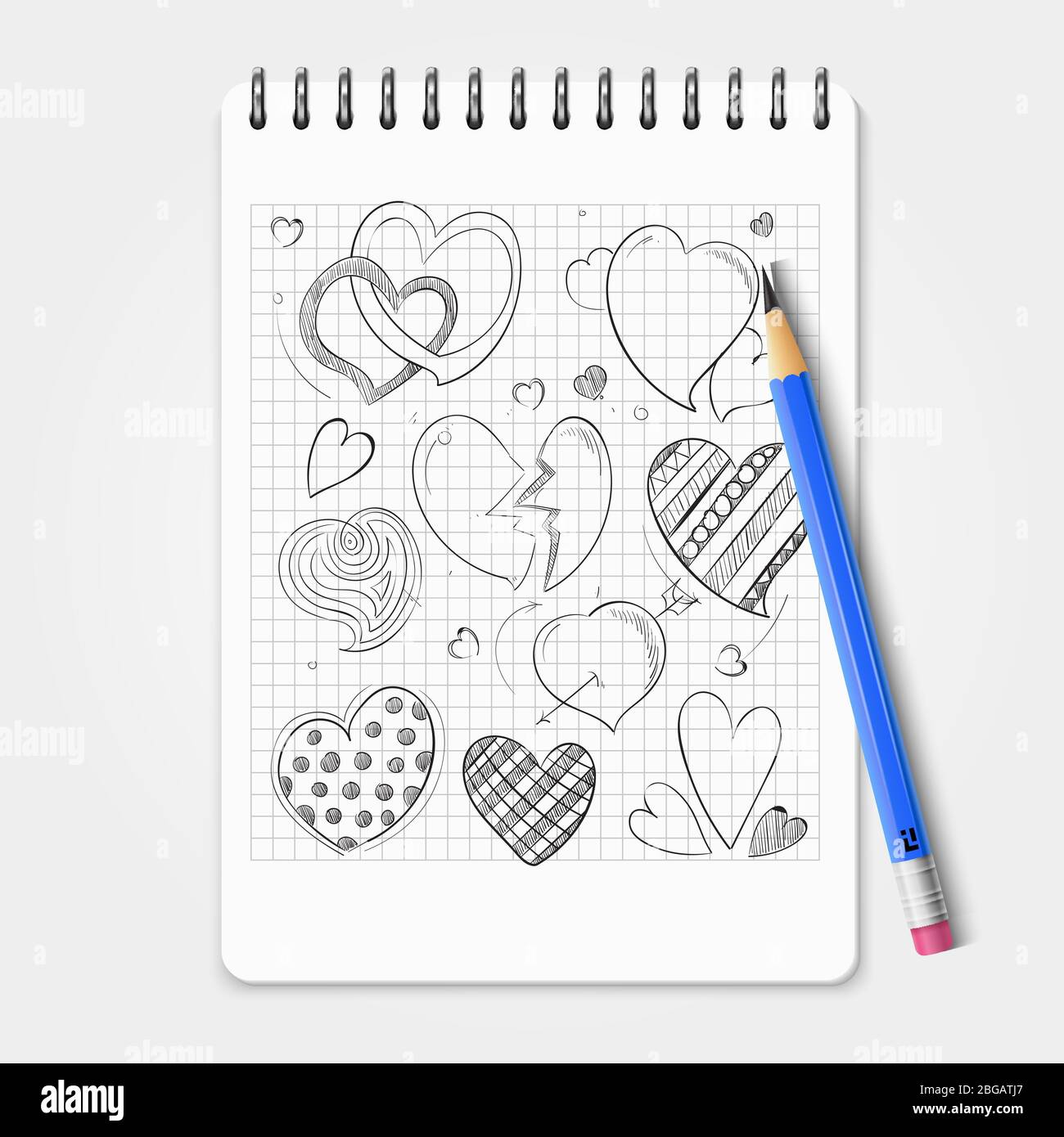 Hand drawn hearts set with realistic pencil and notebook. Vector pencil and notebook, drawing sketch doodle heart illustration Stock Vector