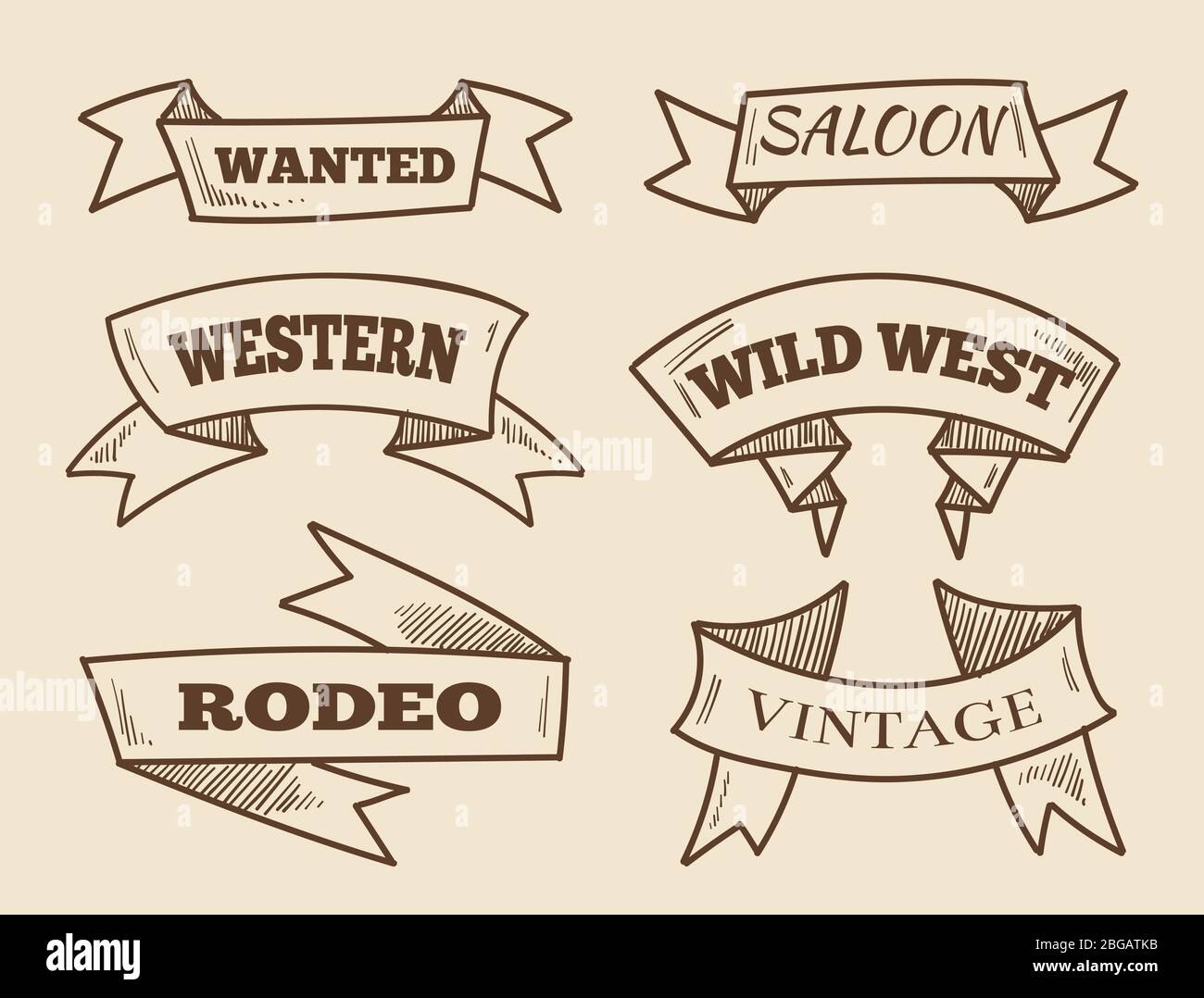 Hand drawn western ribbons. Vintage design elements Stock Vector
