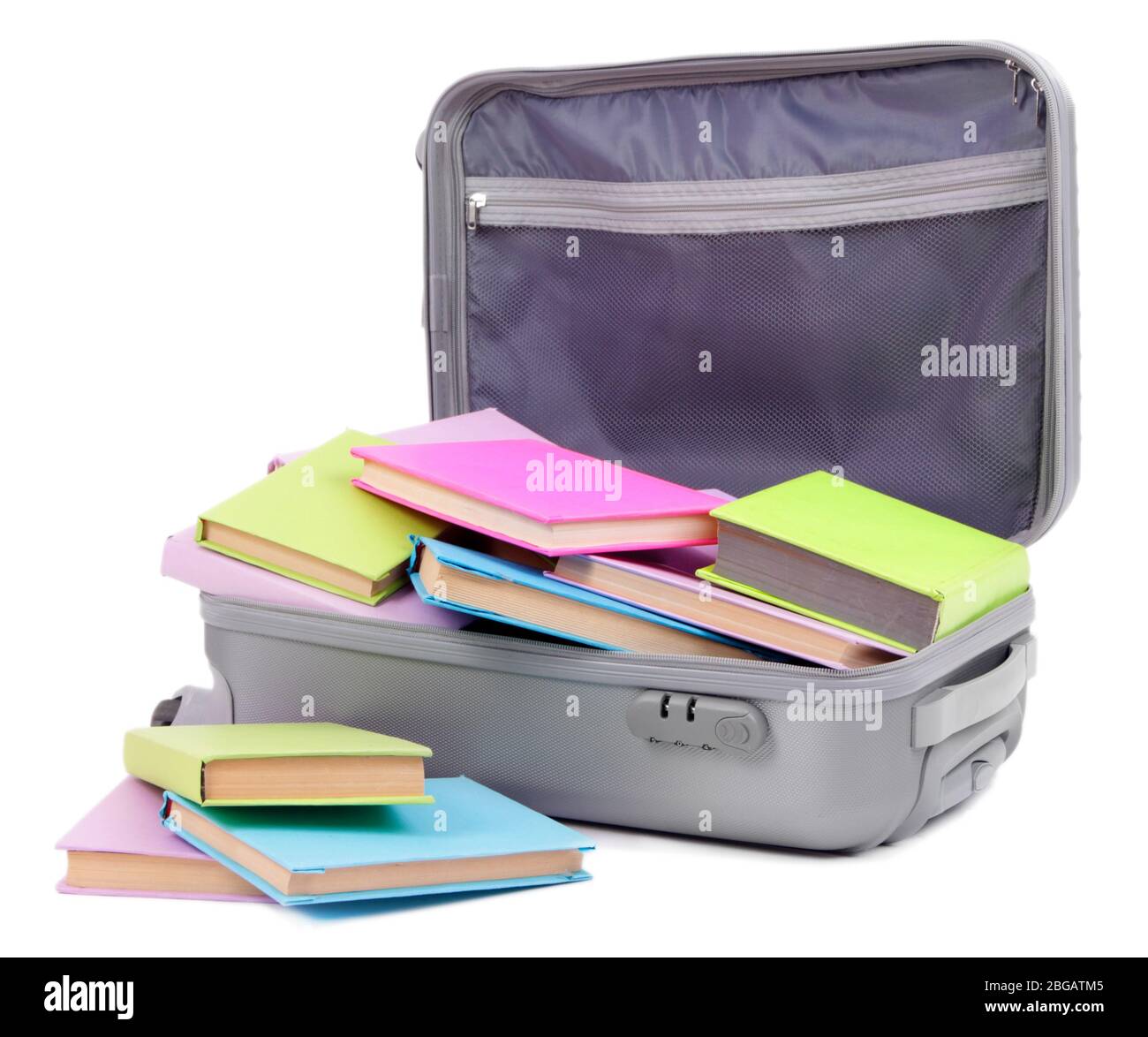 Suitcase with books isolated on white Stock Photo Alamy