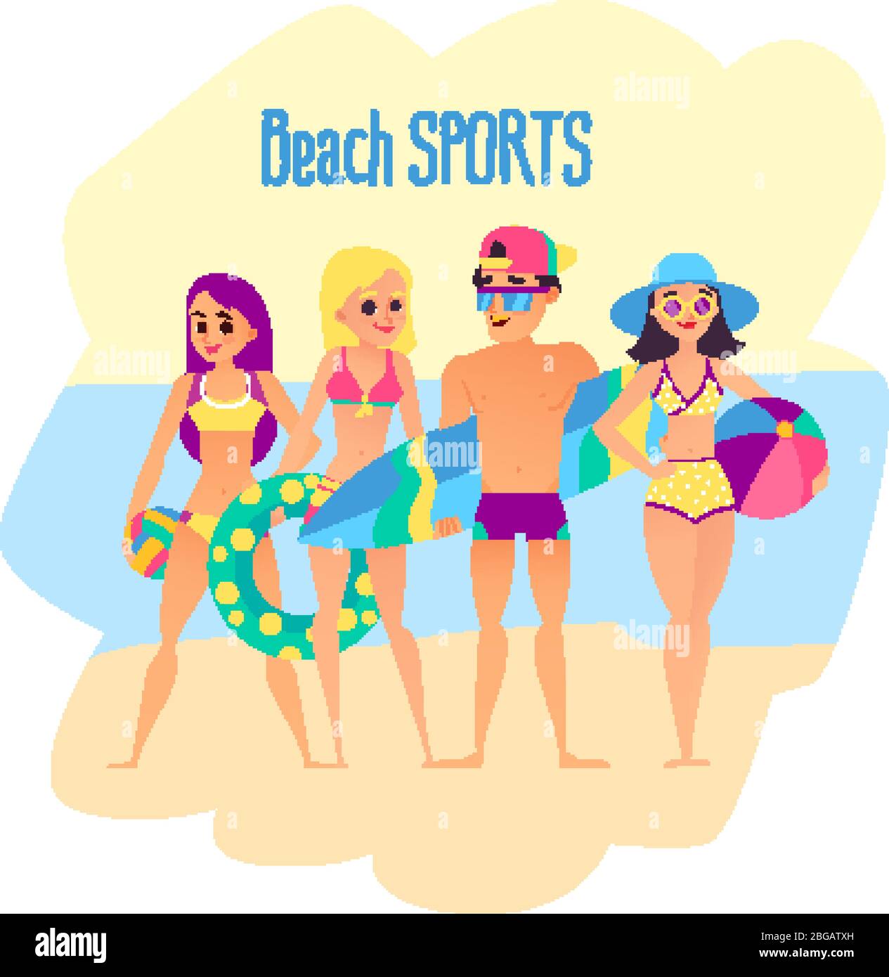 Beach sports. Four young people on the beach Stock Vector