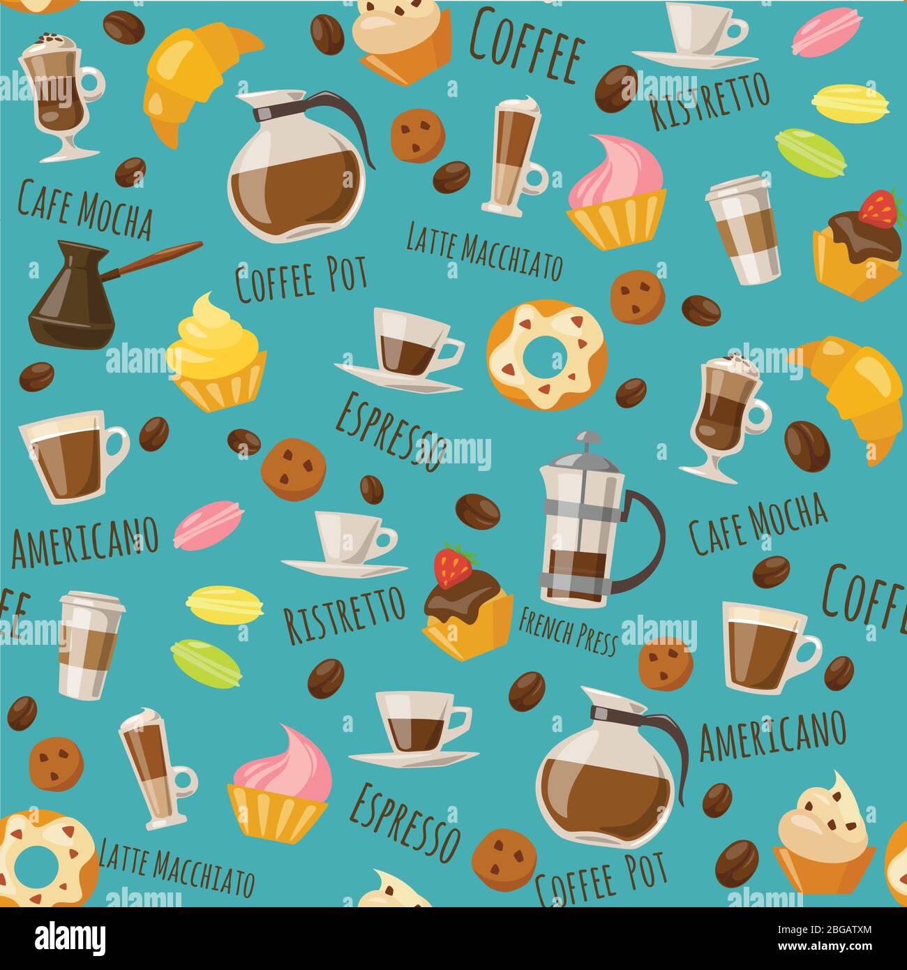 Coffe style seamless pattern with drinks and sweets and lettering. Stock Vector