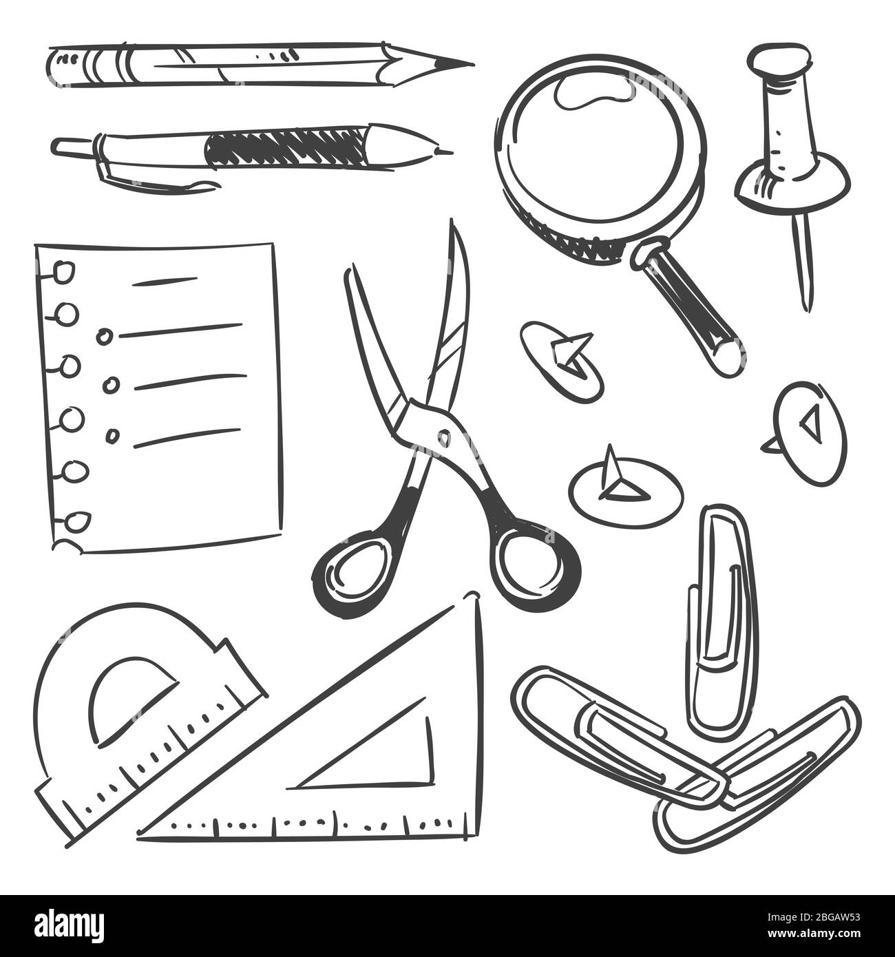 Stationery sketch set - scissors pencil pen button isolated on white background. Vector pencil and pen, sketch drawing illustration Stock Vector