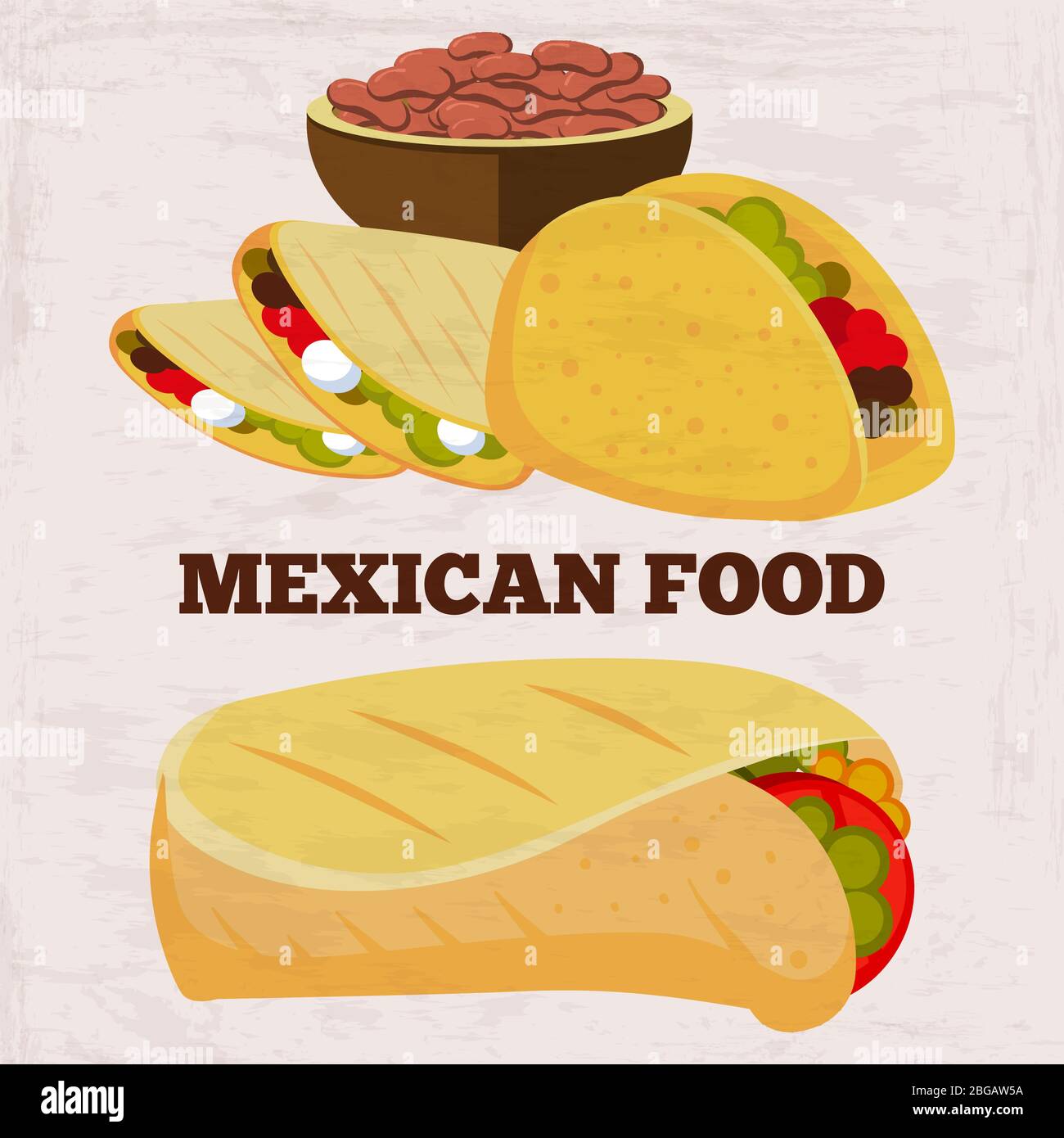 Popular mexican food burito and dinner on grunge background. Mexican dinner and lunch, spicy and burrito. Vector illustration Stock Vector