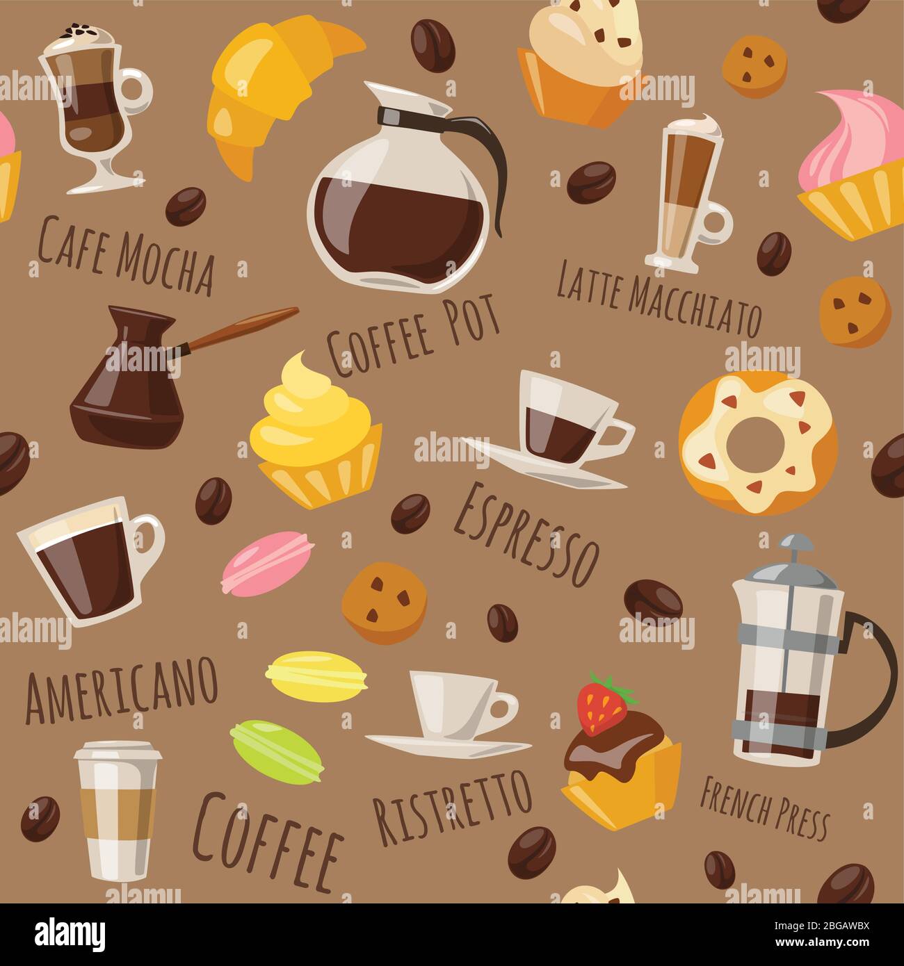 Coffe style seamless pattern with drinks and sweets and lettering. Stock Vector