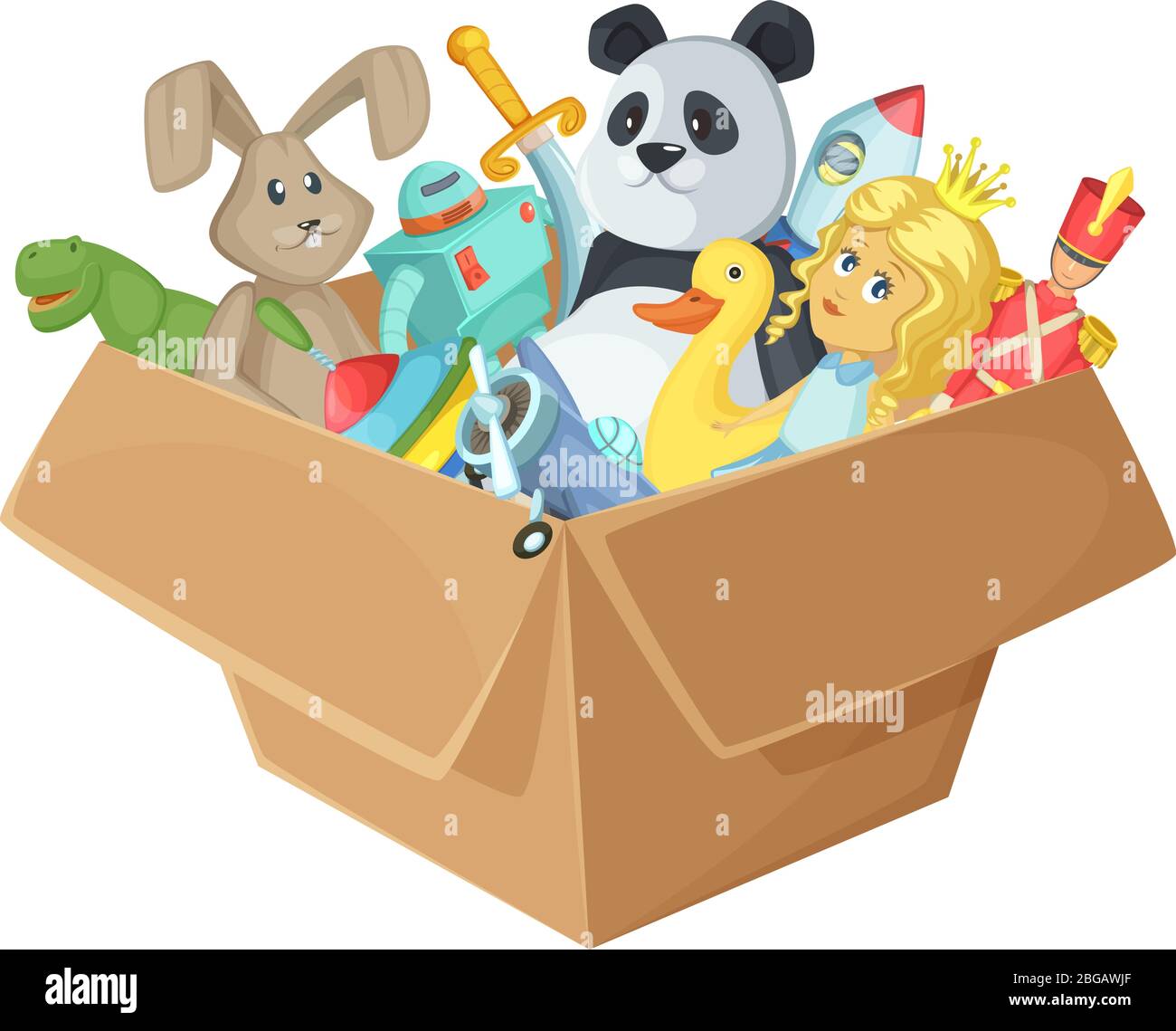 Children toys in cardboard box. Funny vector illustration isolate on white background Stock Vector