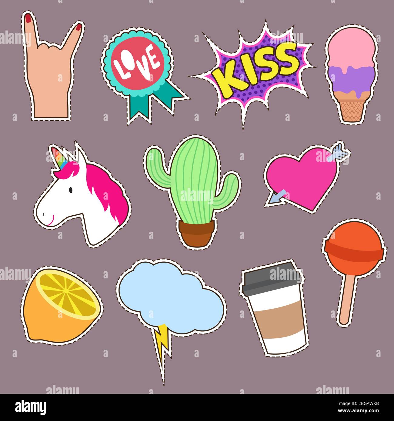 Unicorn, cactus, kiss embroidery word icons. Cute fashion girl patches vector collection. Girl cartoon patch sticker, lollipop and hand gesture, lemon and cactus illustration Stock Vector