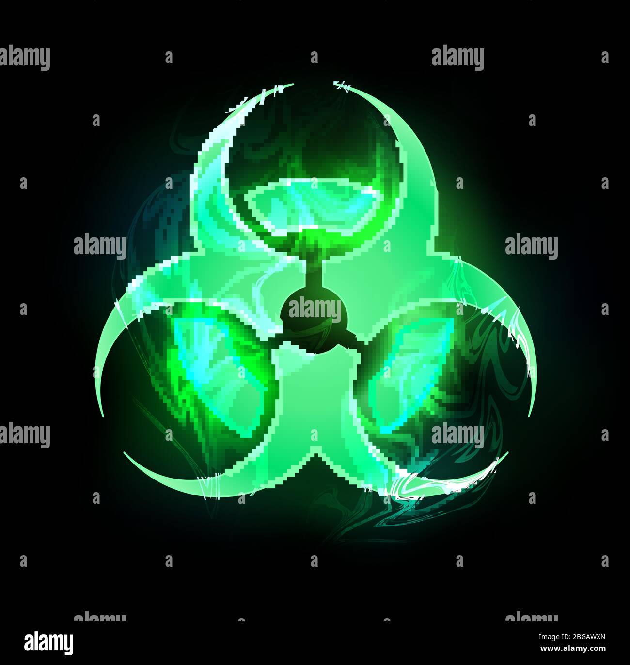 Biohazard green symbol on black glowing background. Stock Vector