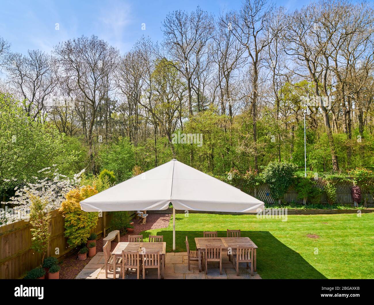 Umbrella (parasol) over wooden garden furniture on a patio in a garden