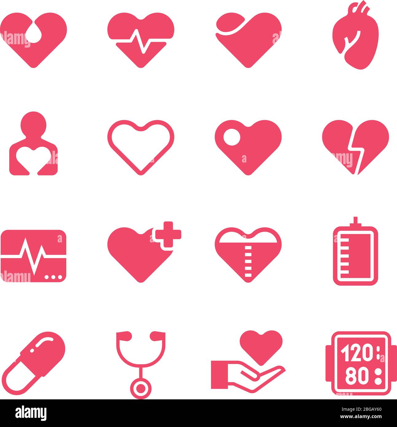 Heart diagnosis and cardiac treatment vector icons. Cardiology red silhouette pictograms. Medicine diagnosis health, cardiology sign collection illustration Stock Vector