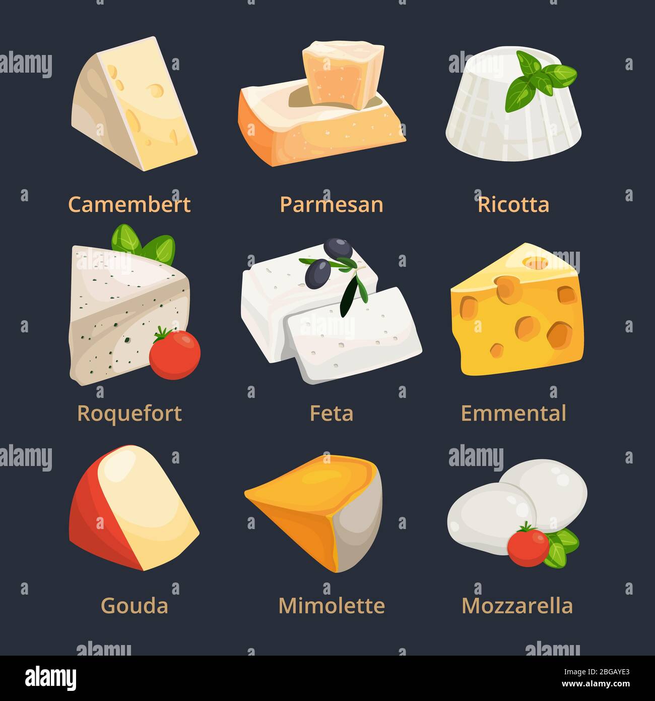 Cartoon illustration of different cheeses. Vector pictures set Stock Vector