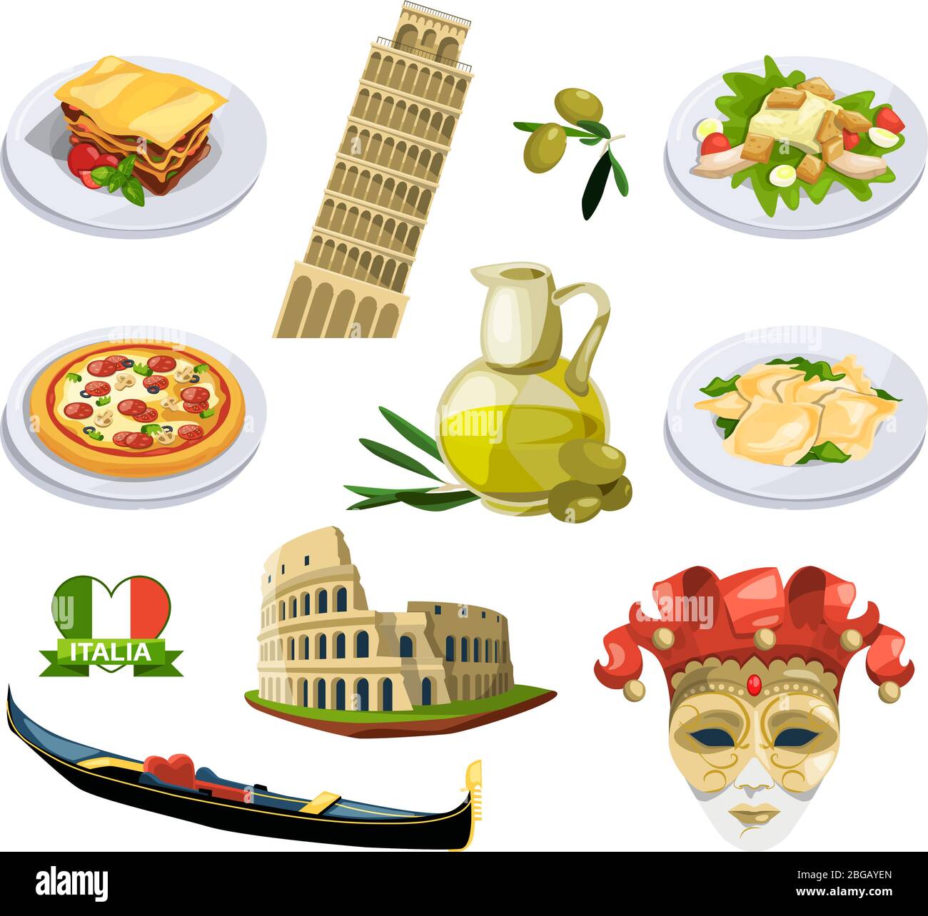 Different traditional elements and symbols of italy, venice. Travel vector illustrations in cartoon style Stock Vector