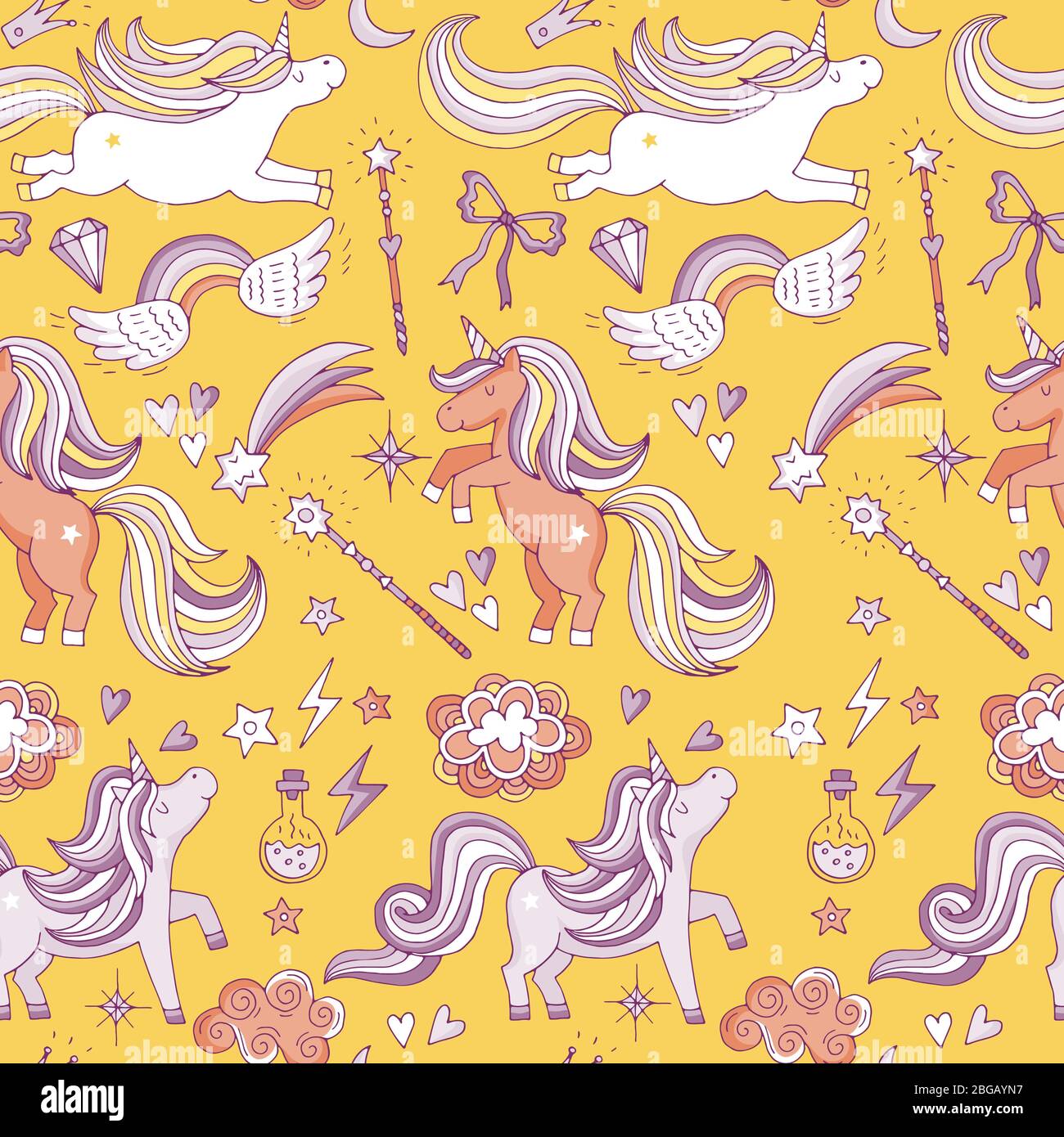 Seamless pattern with funny magic elements. Unicorn, wizard and miracle. Vector background Stock Vector
