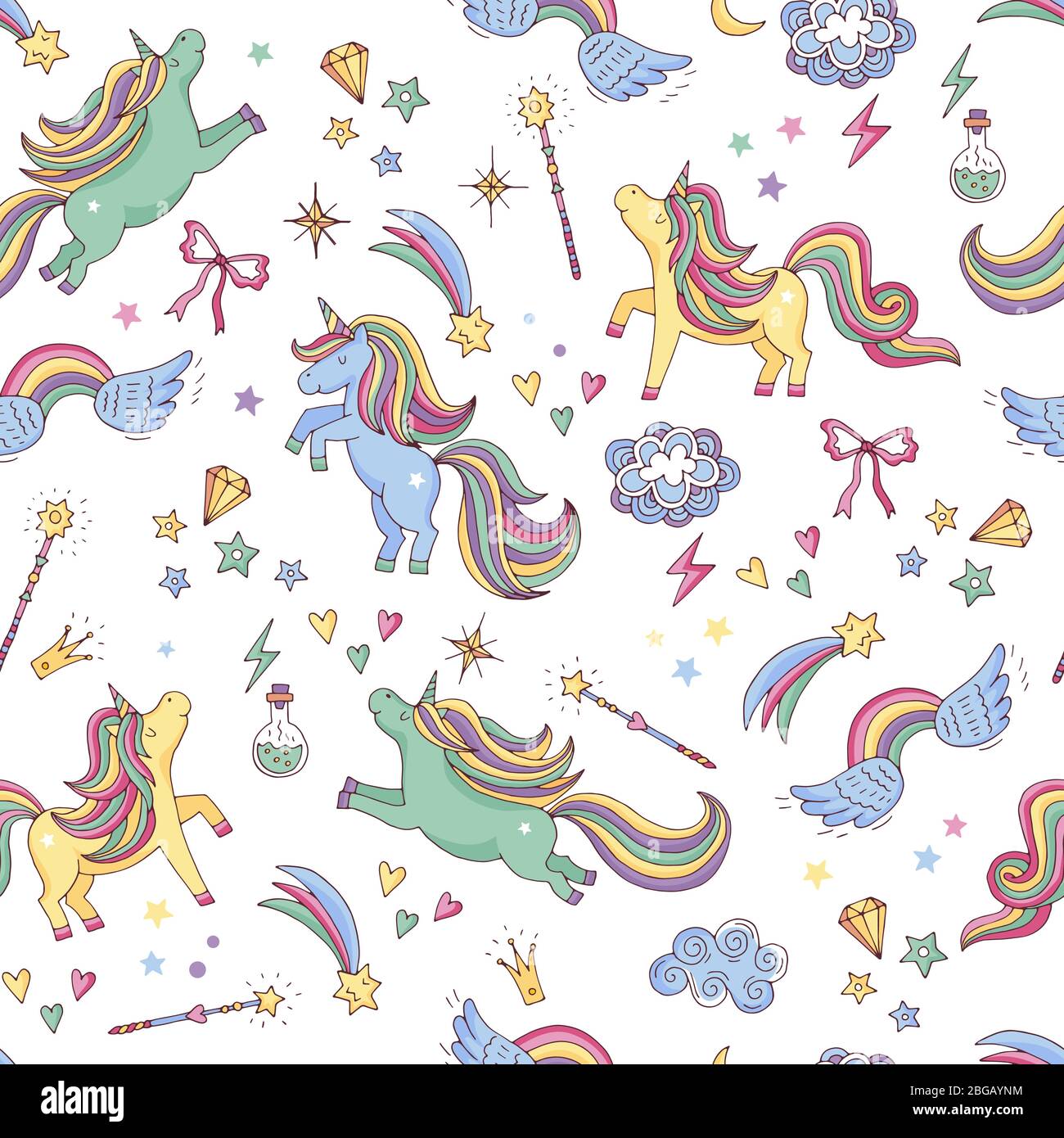 Vector seamless pattern of unicorn, clouds, rainbow and magic wand ...