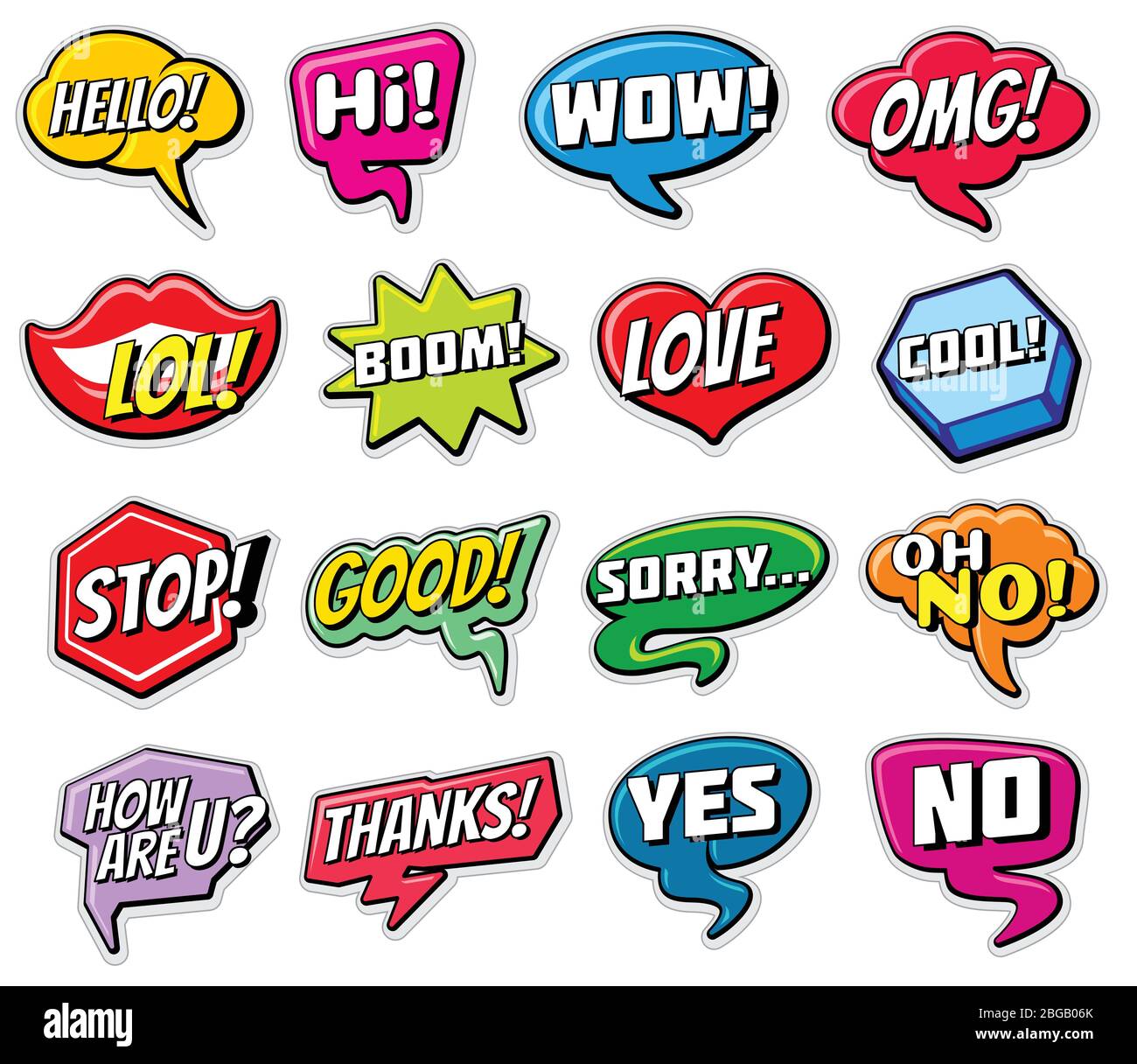 Web chat vector stickers templates. Internet words speech bubbles isolated. Illustration of bubble with word chat hello, love, yes and no Stock Vector