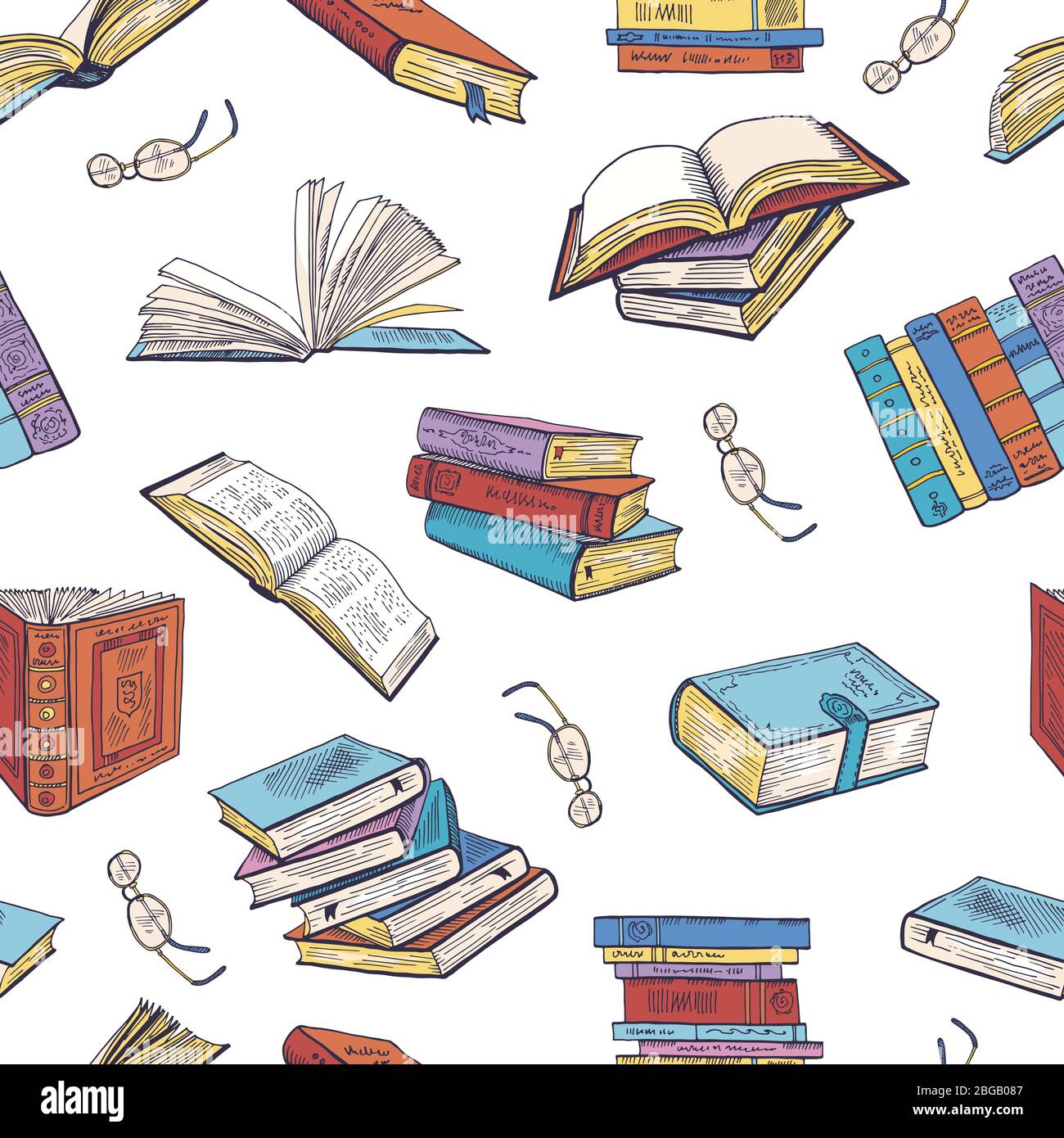Different books from library. Doodle vector illustrations. Seamless pattern Stock Vector