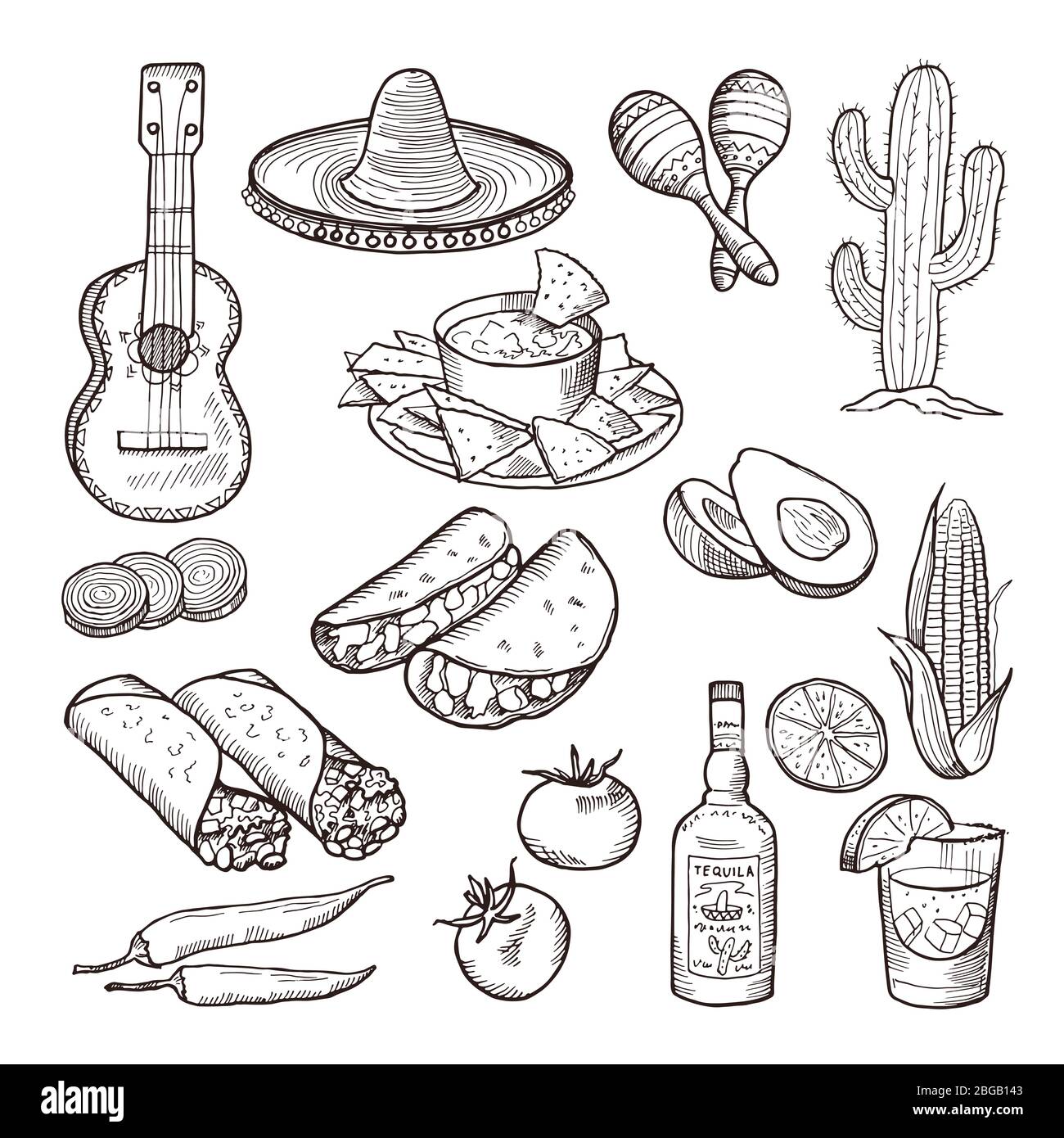 Fast food and other mexican culture elements. Sombrero, guitar, tequila and tacos. Vector hand drawn set Stock Vector