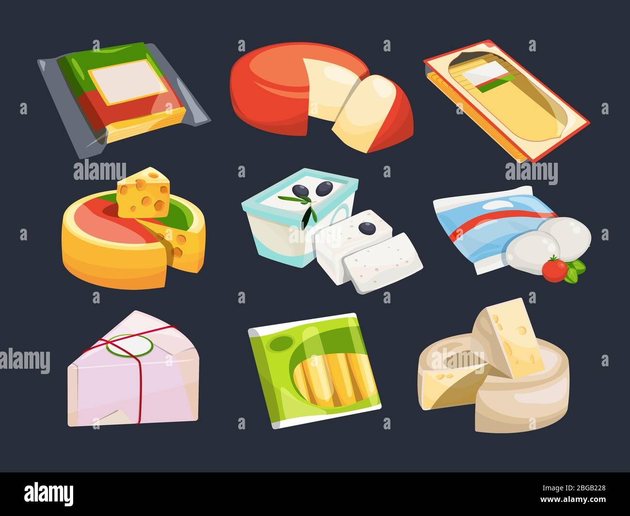 Different packaging of cheeses. Vector illustration set Stock Vector