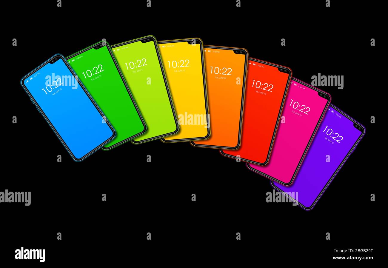 Rainbow colorful smartphone set isolated on black background. 3D render Stock Photo