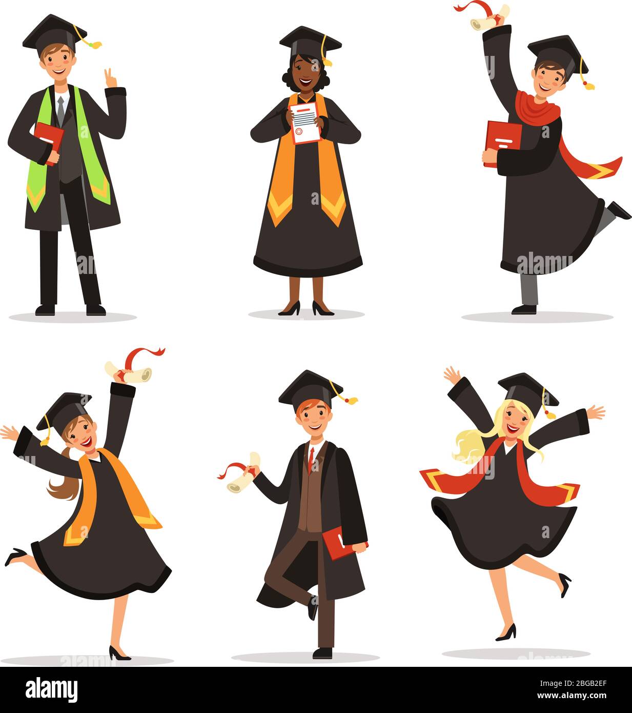 Success and happy students. Graduation in different countries. Vector characters Stock Vector