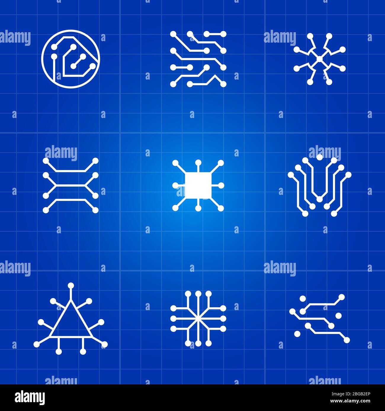 White electronic computer chip circuit and motherboard equipment vector icons. Vector illustration Stock Vector