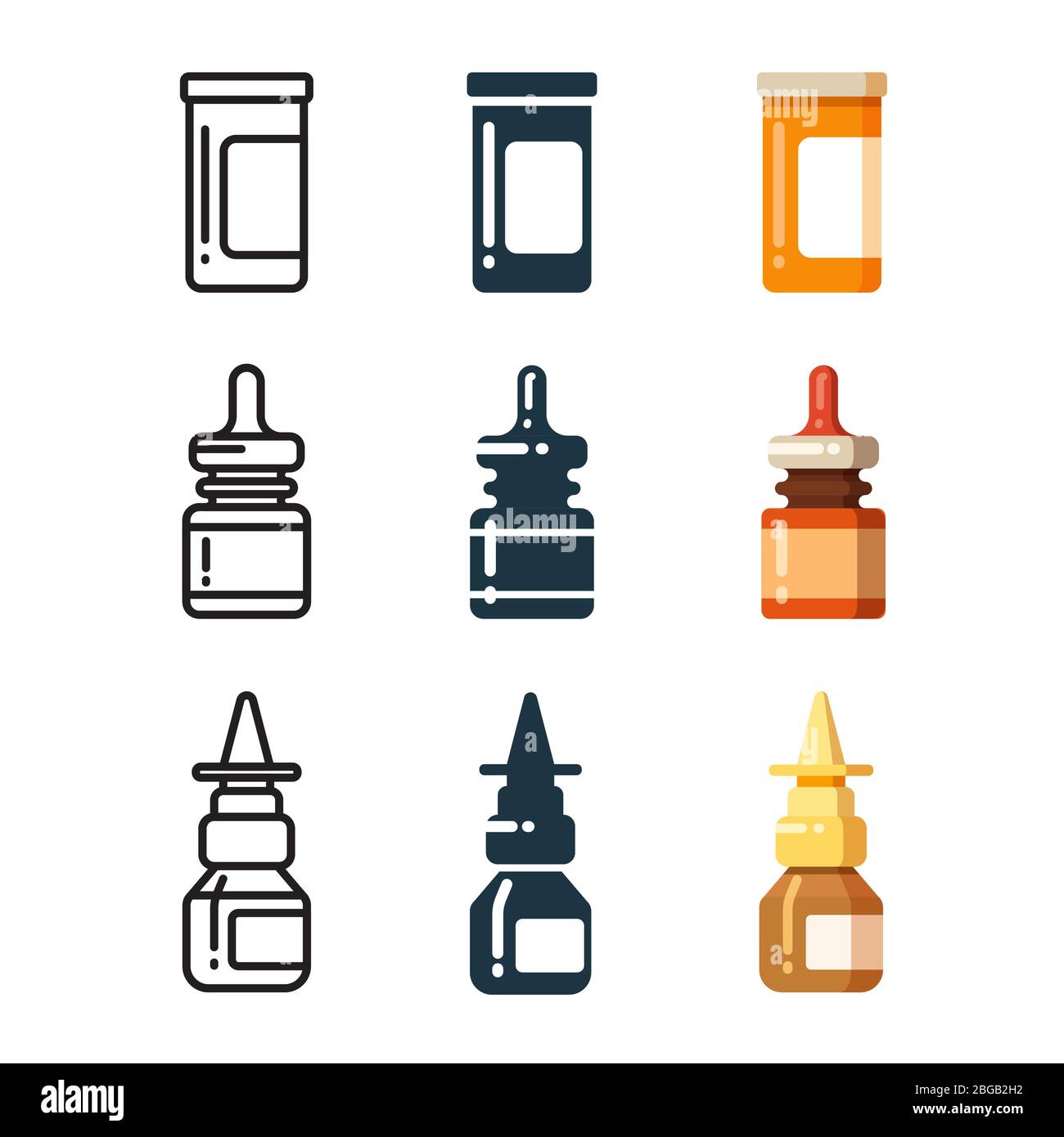 Medicine bottles and box for pills line, silhouette and bright icos set. Vector illustration Stock Vector