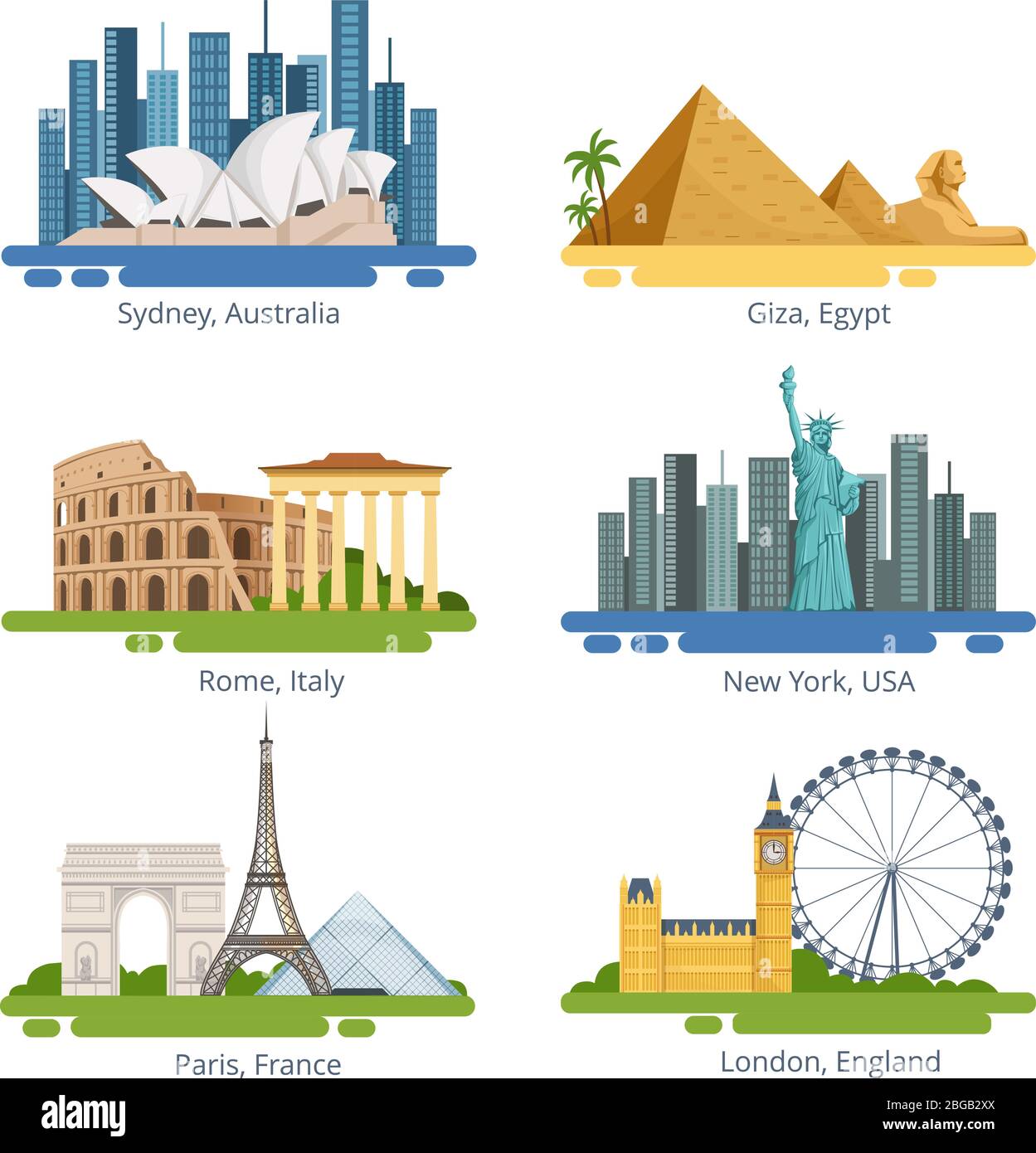 Different city panoramas with famous landmarks. Vector illustrations set Stock Vector