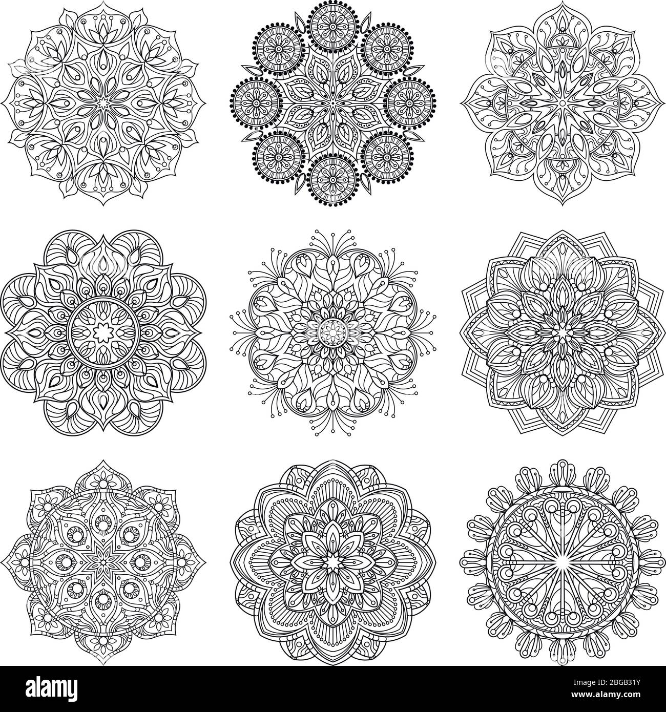 Vector illustration of indian mandalas. Old asian and arabic round texture isolate on white background Stock Vector
