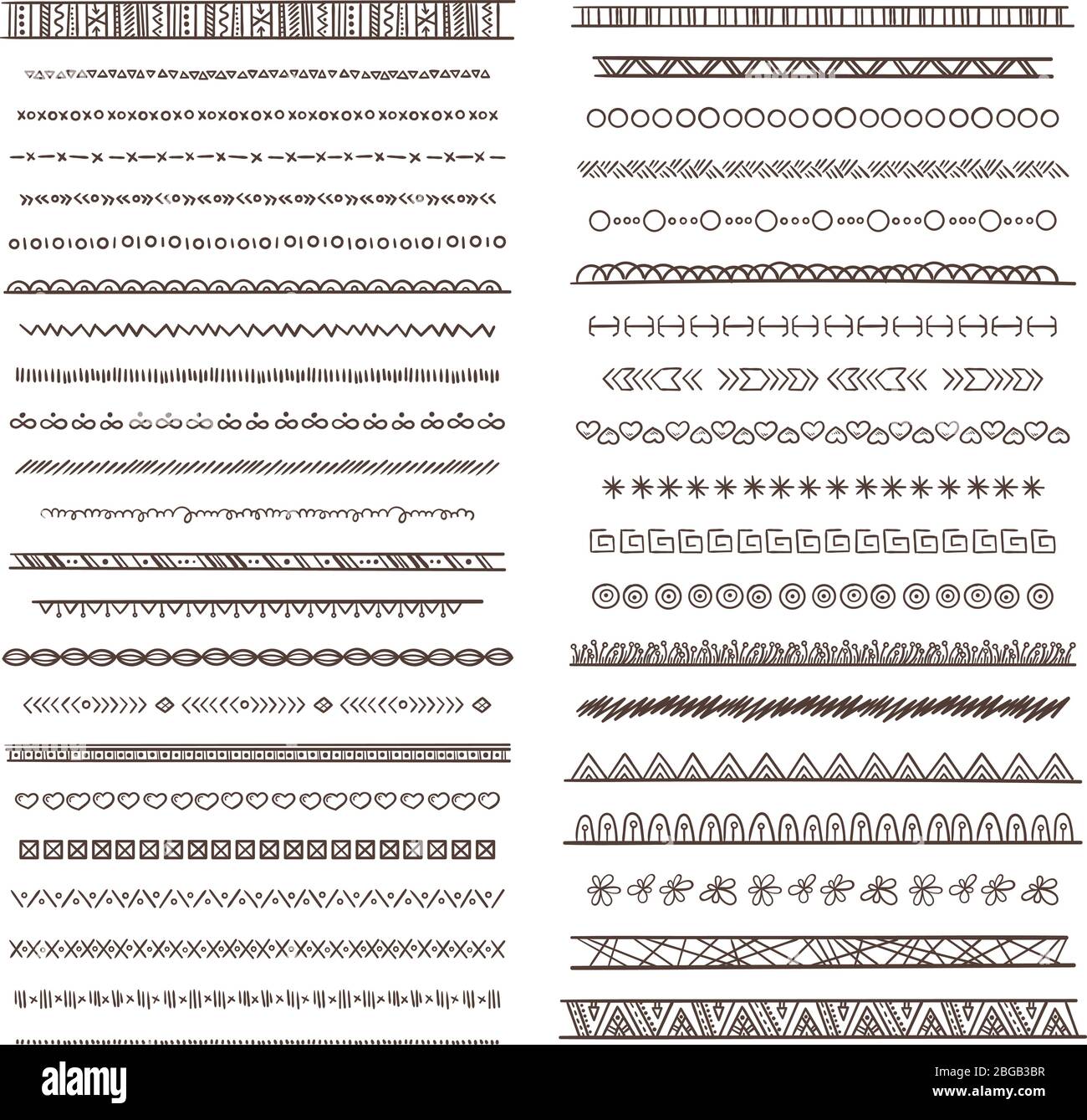 Tribal borders illustrations in boho style. Vector collection isolate. Hand drawn pictures Stock Vector