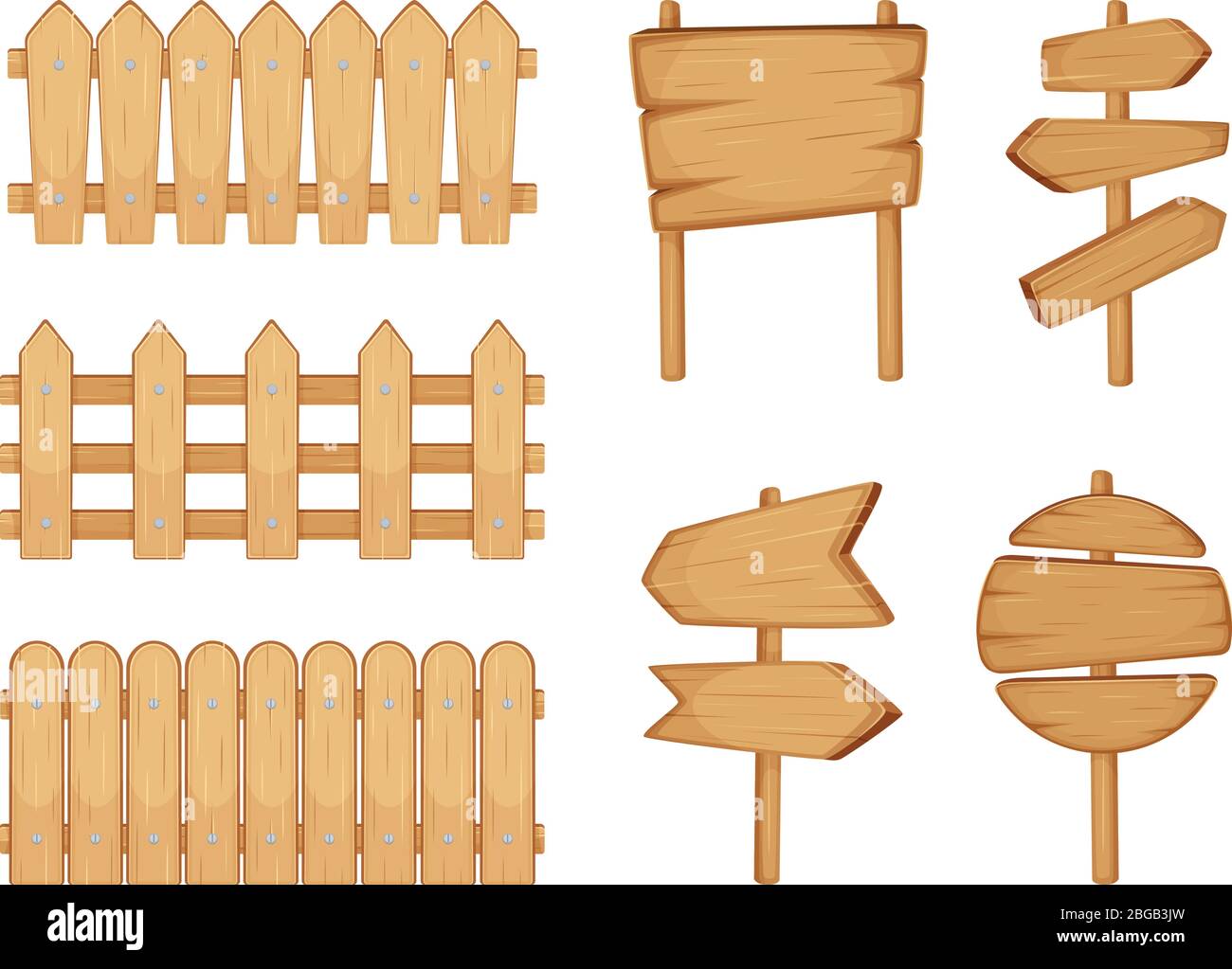 Fences of garden and signs with wood texture. Vector illustration set isolate on white Stock Vector