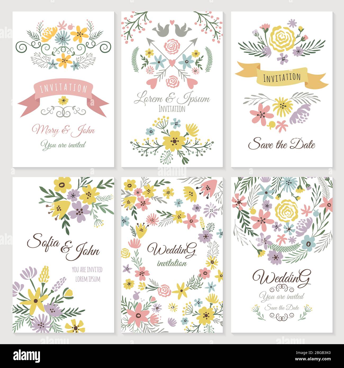 Floral design of wedding invitation cards. Vector illustrations Stock ...