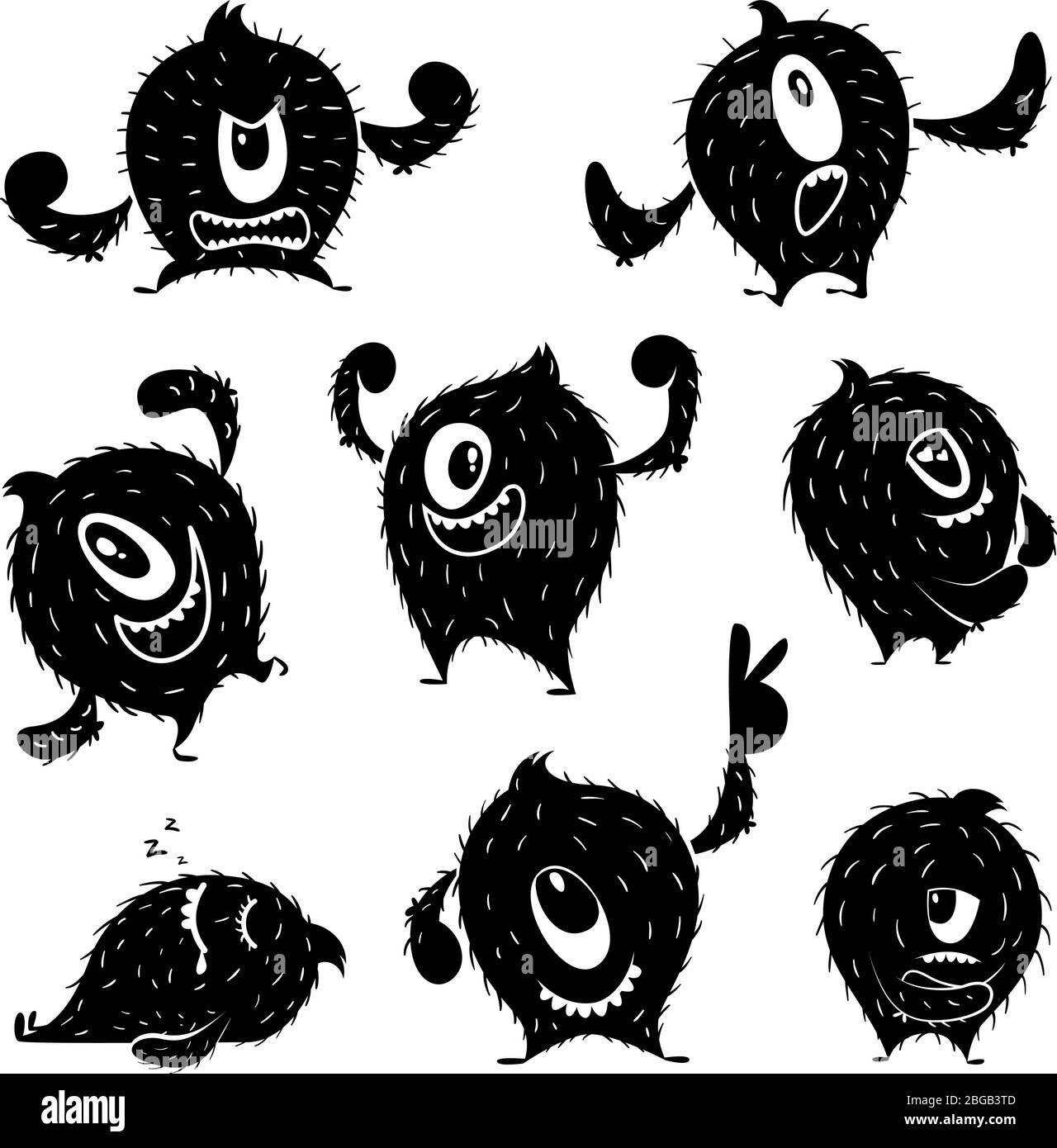 Character of funny monster in different action poses. Devil cute smile. Monochrome illustrations Stock Vector