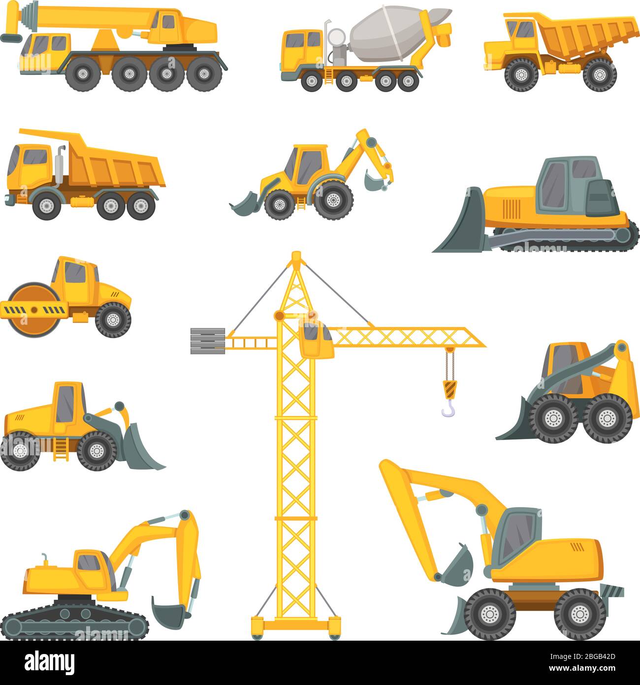 Heavy construction machines. Excavator, bulldozer and other technique. Vector illustrations in cartoon style Stock Vector