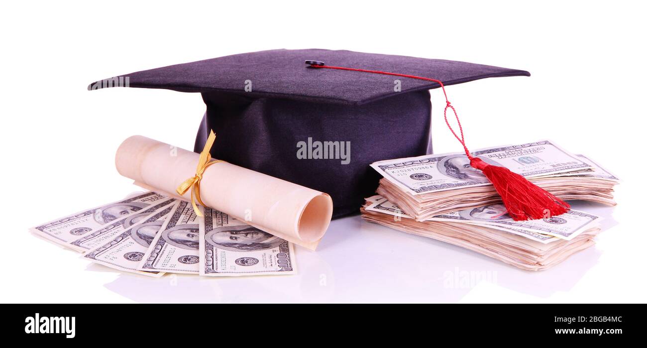Graduation hat, money and scroll, isolated on white Stock Photo - Alamy