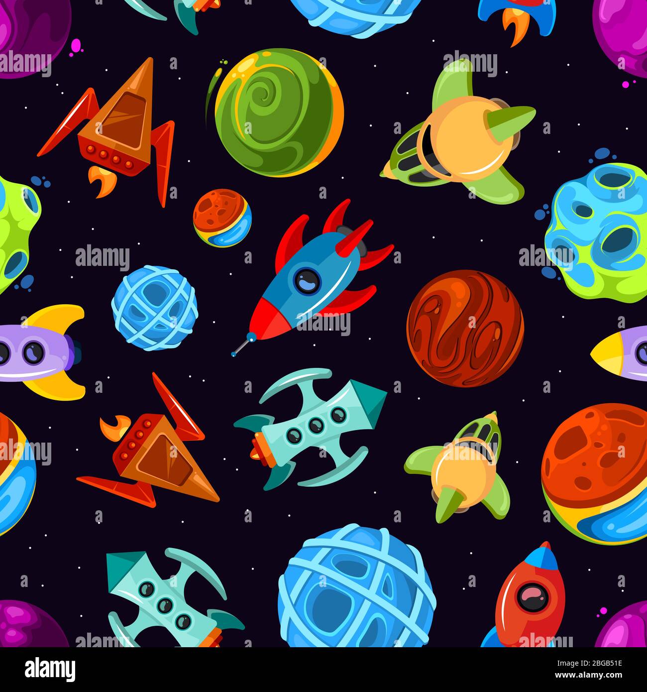 Space vector seamless pattern with spaceships, stars, planet and ...