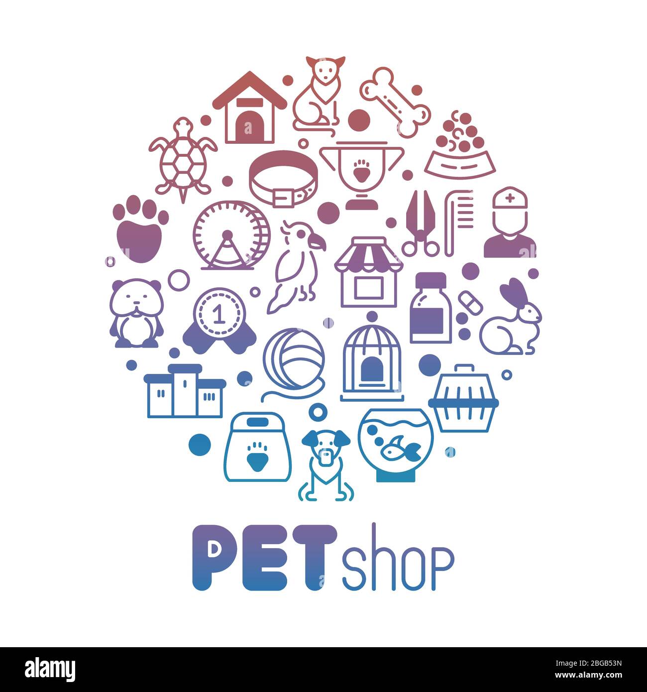 Bright pet store or shop round banner isolated on white background. Vector illustration Stock Vector