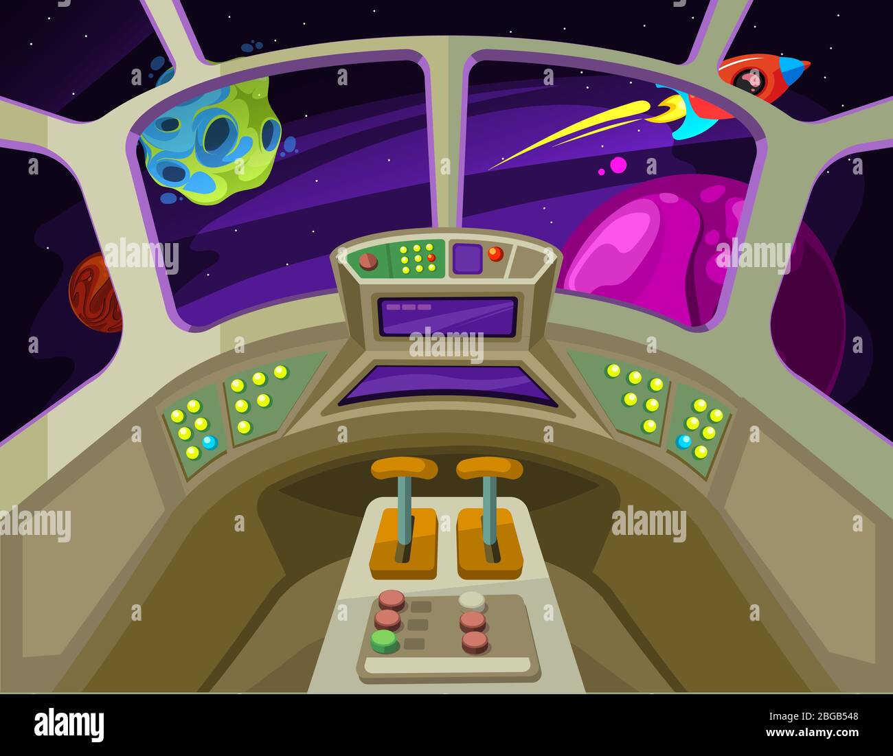 Cartoon spaceship cabin interior with windows into space with alien planets vector illustration Stock Vector