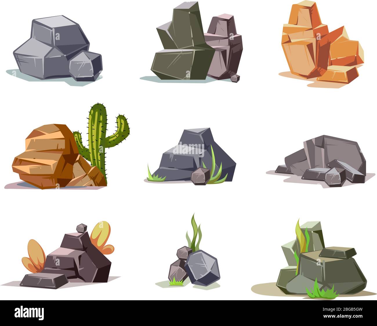 Stones and nature rock set with cartoon green grass isolated on white ...