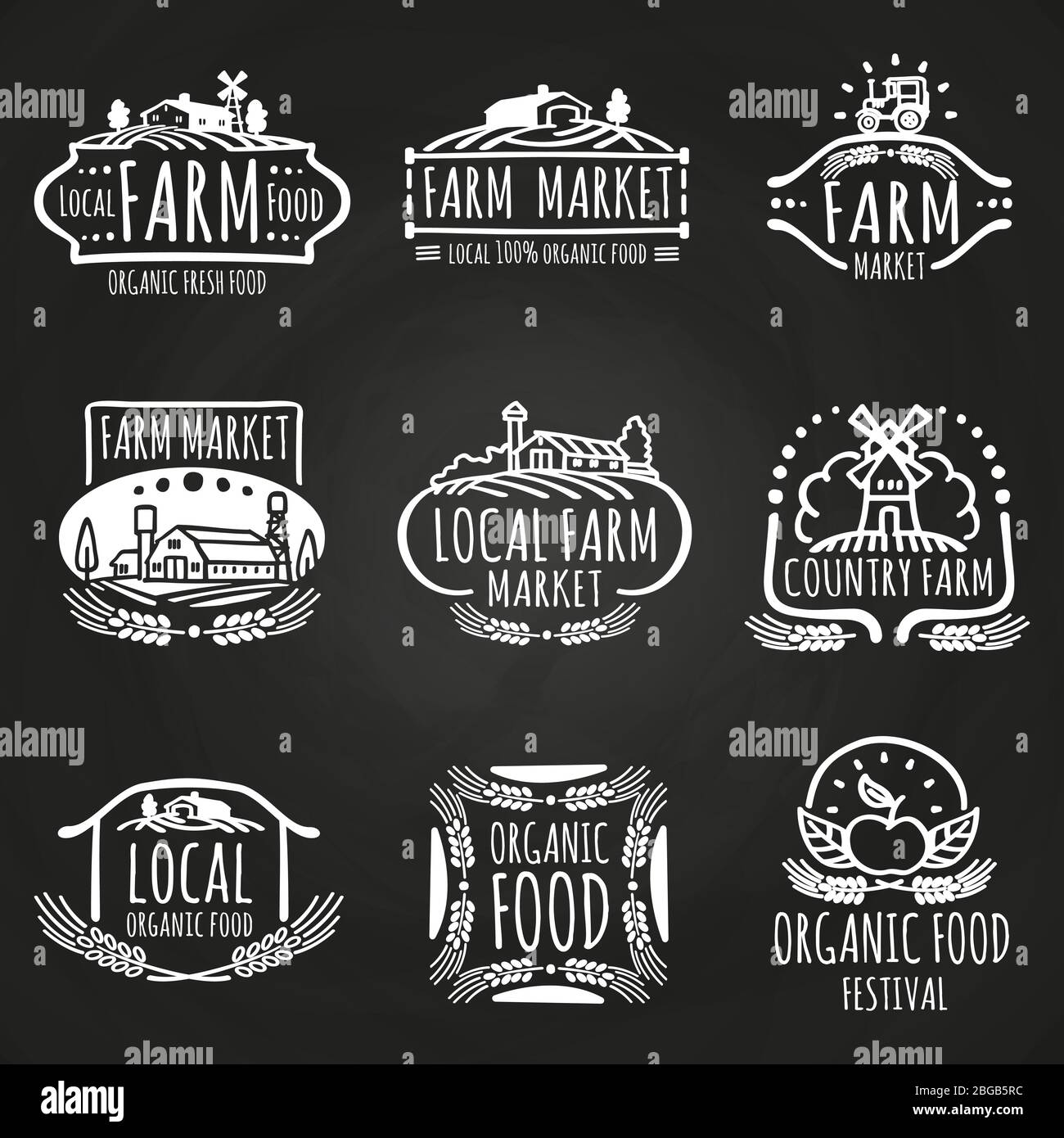 Farm market and food festival hand drawn chalk banners set. Vector illustration Stock Vector