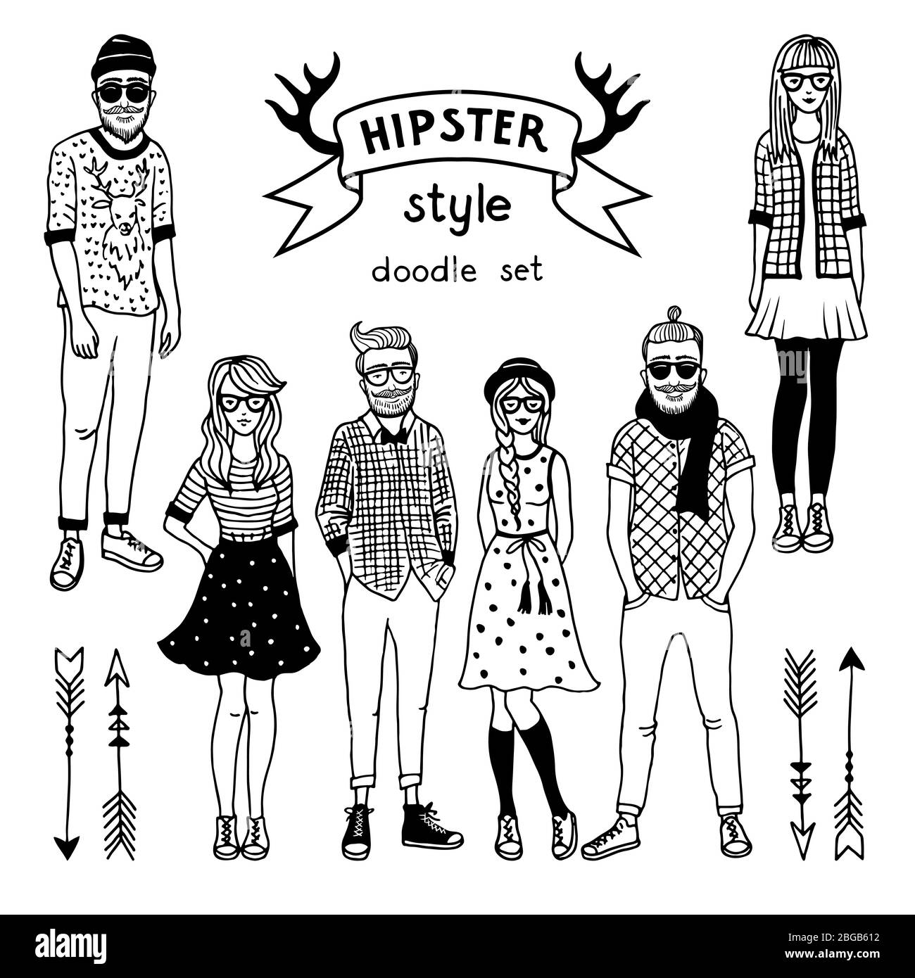 Hand drawn illustration of funky fashioned hipsters characters. Happy male and female. Vector monochrome pictures Stock Vector