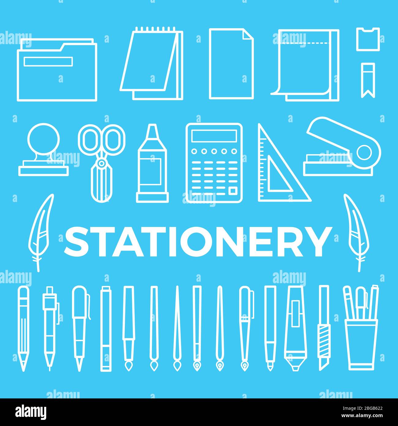 Line style stationery icons collection. Vector office stationery pencil, marker and pen, brush and ballpoint illustration, stapler, paintbrush, Stock Vector