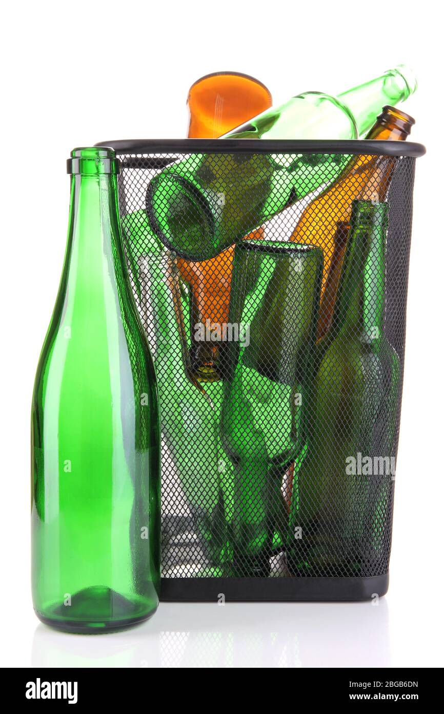 Glass bottles in recycling bin isolated on white Stock Photo - Alamy