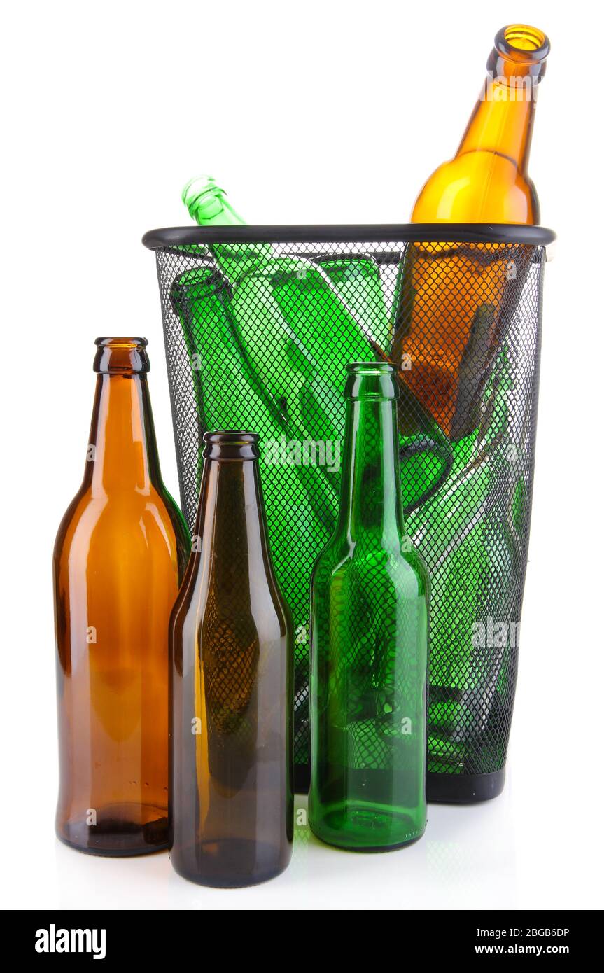 Glass bottles in recycling bin isolated on white Stock Photo - Alamy