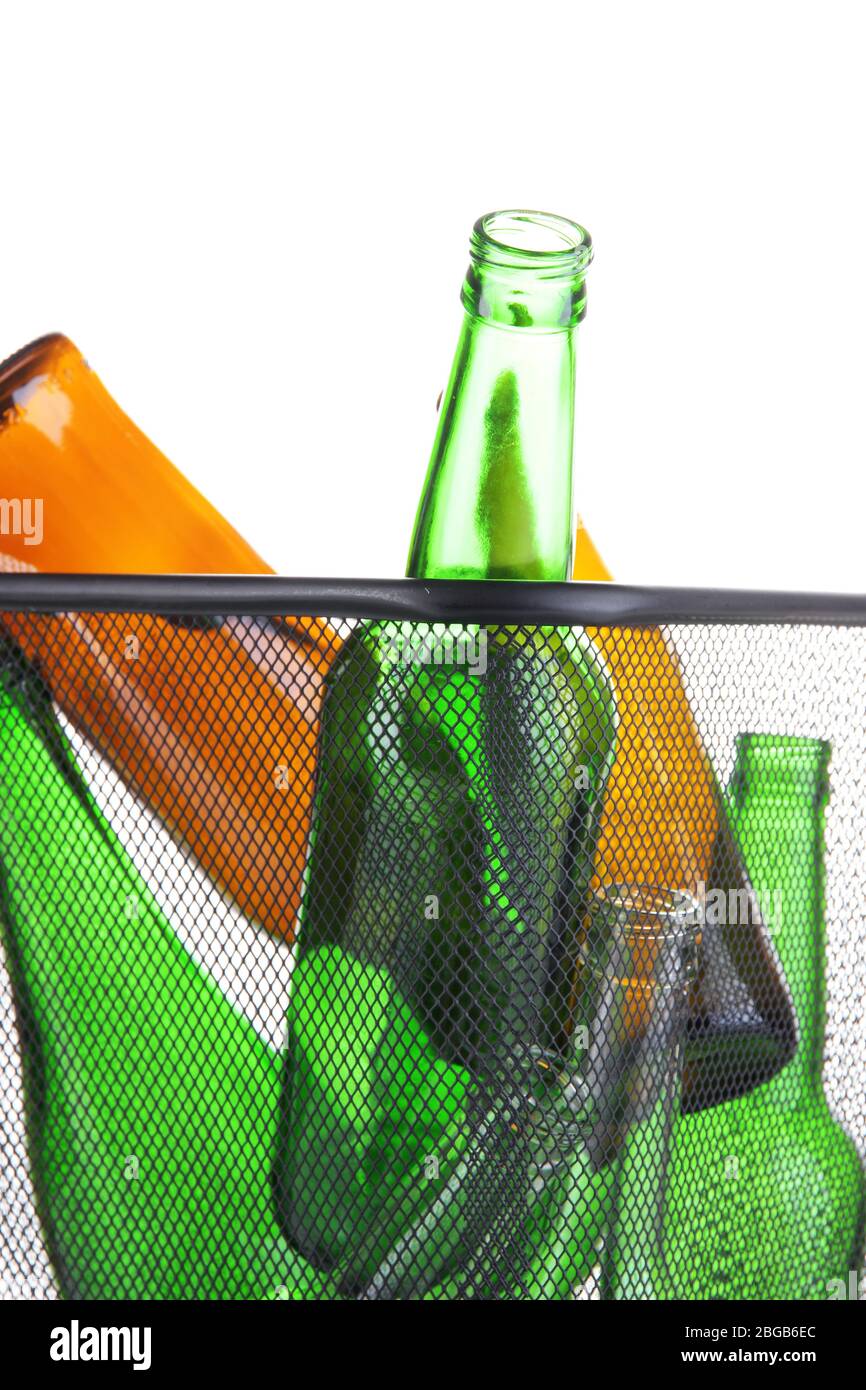 Glass bottles in recycling bin isolated on white Stock Photo Alamy