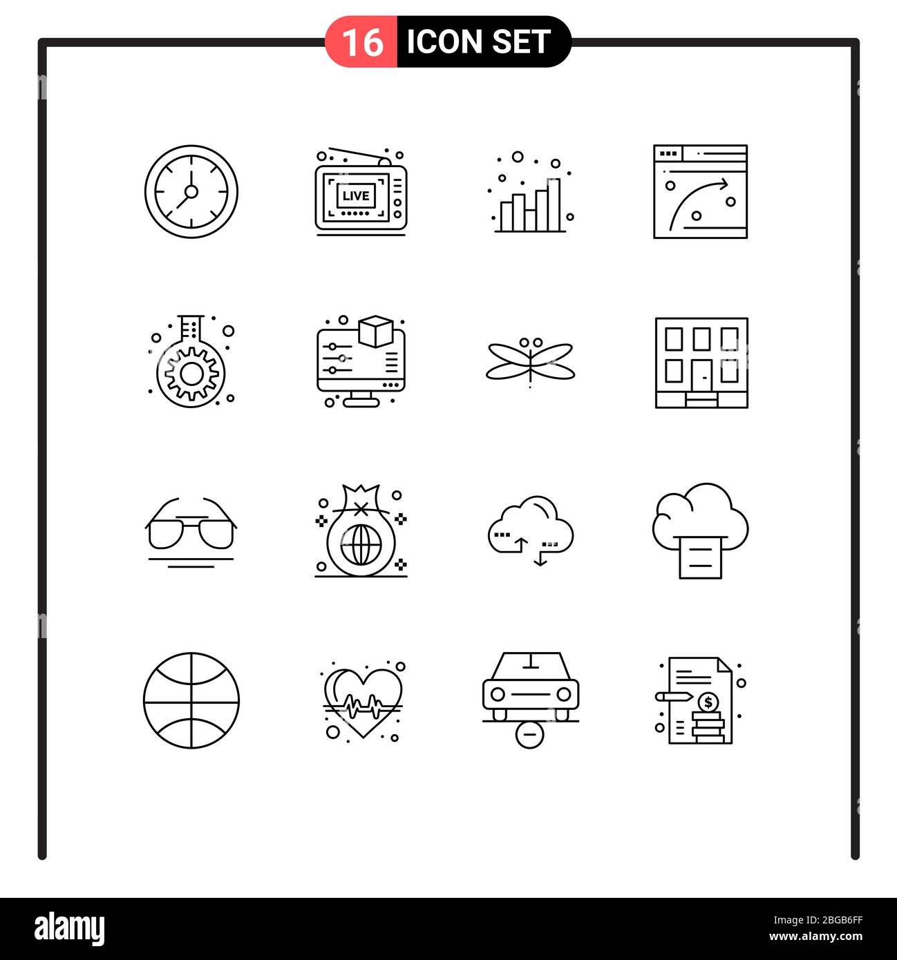 Group of 16 Outlines Signs and Symbols for flask, hosting, analytics, window, web Editable Vector Design Elements Stock Vector