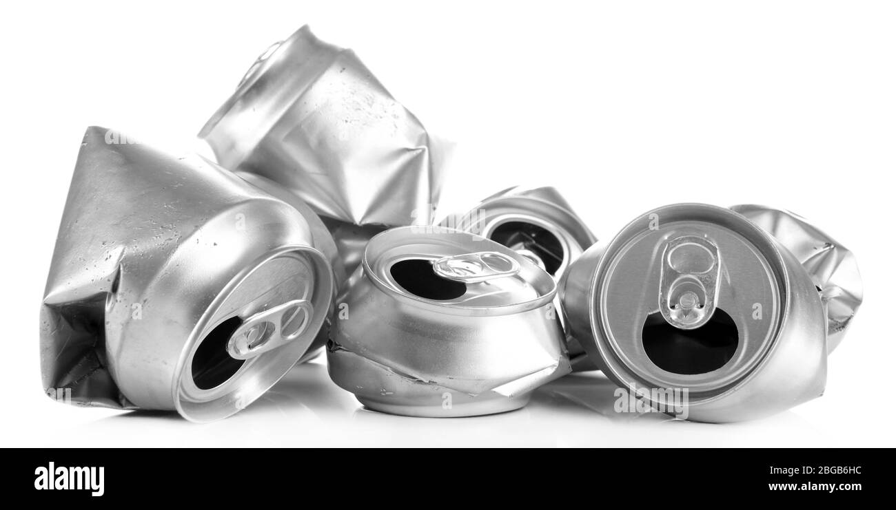 Crushed metal beer cans isolated on white Stock Photo