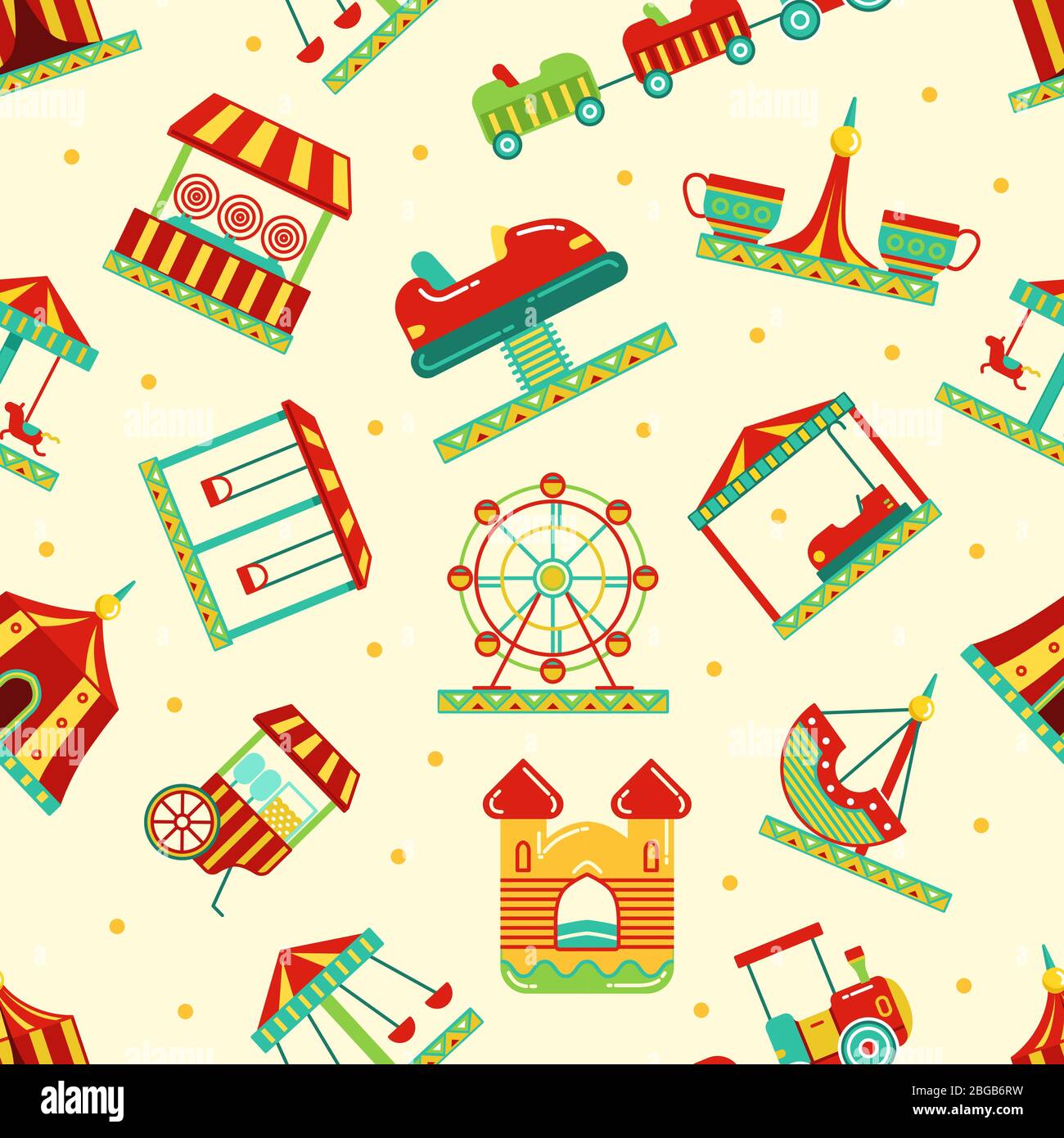 Amusement park with carousel, circus and other attractions. Vector seamless pattern Stock Vector