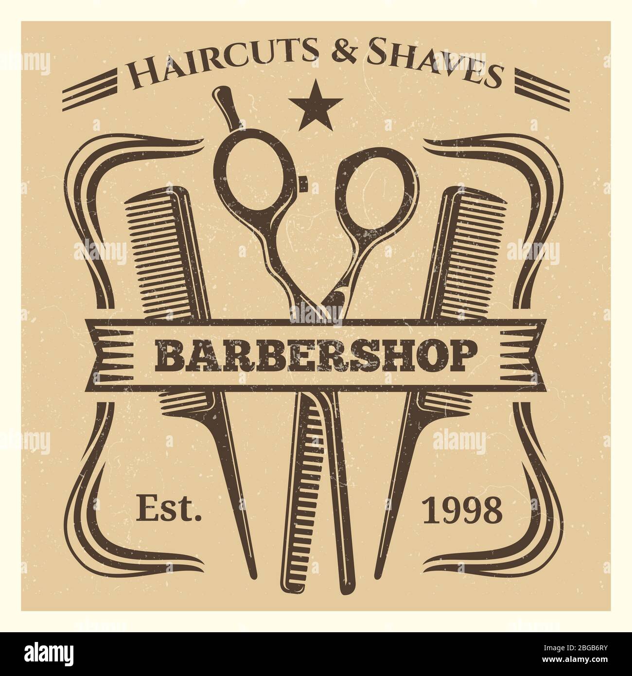 Vintage retro barbershop label desing on grunge background. Vector illustration Stock Vector