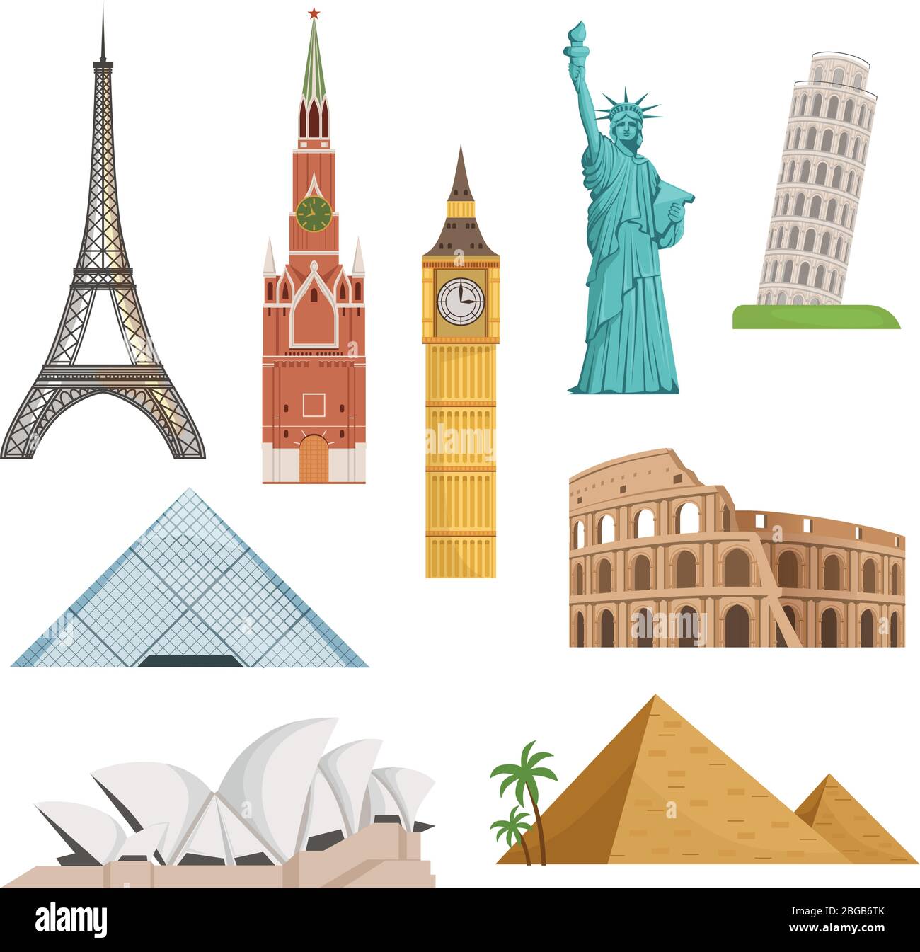 Different world famous symbols set isolate on white. Historical buildings, landmarks. Vector illustrations Stock Vector